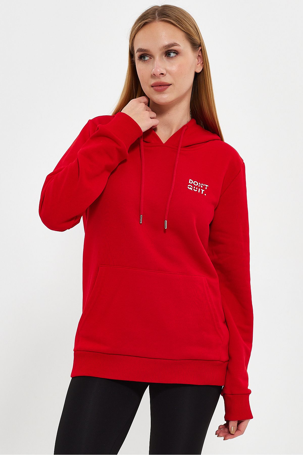 River Club Kadın Kırmızı Dont Quit Baskılı 3 İplik Kapüşonlu Sweatshirt