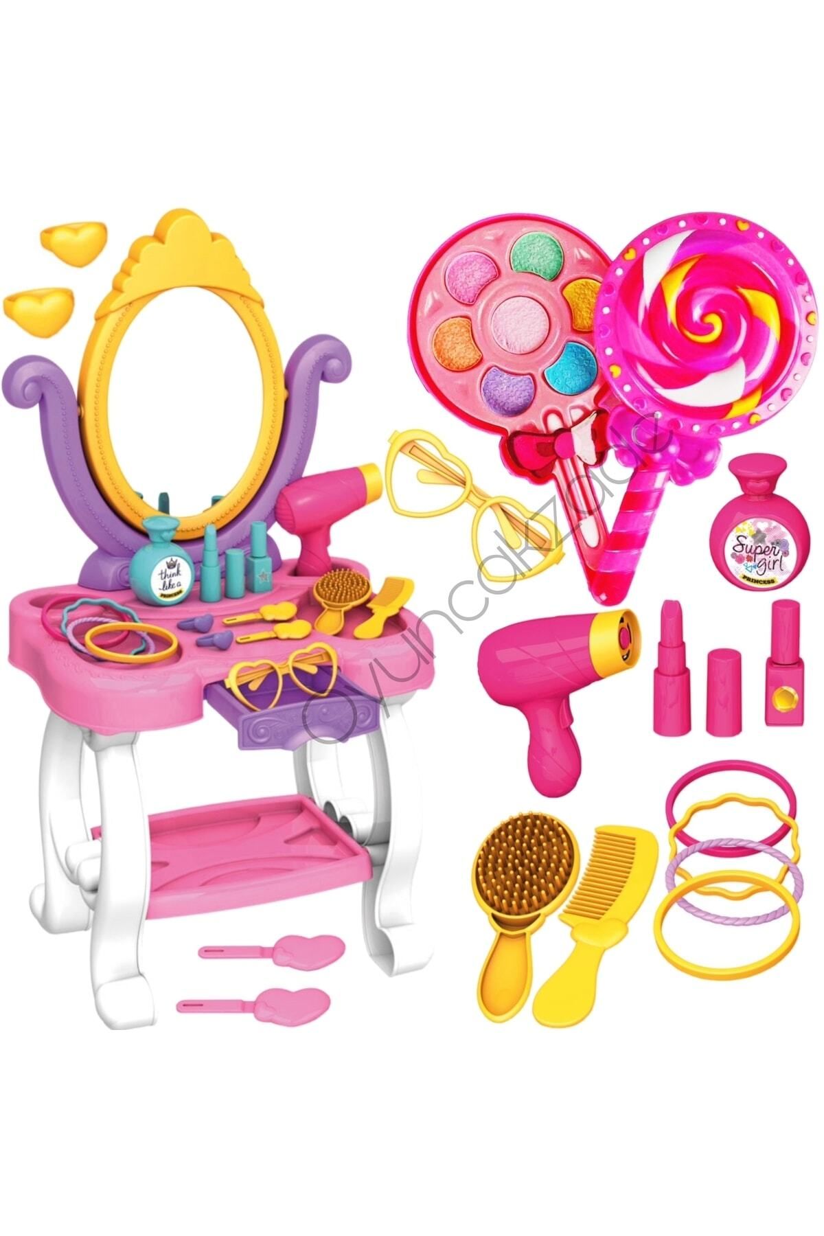 Depomiks Avm Prenses Makyaj Masası Aynalı Aksesuarlı Oyuncak Lolipop Sürülebilir Makyaj Seti Kız Çocuk Makyaj
