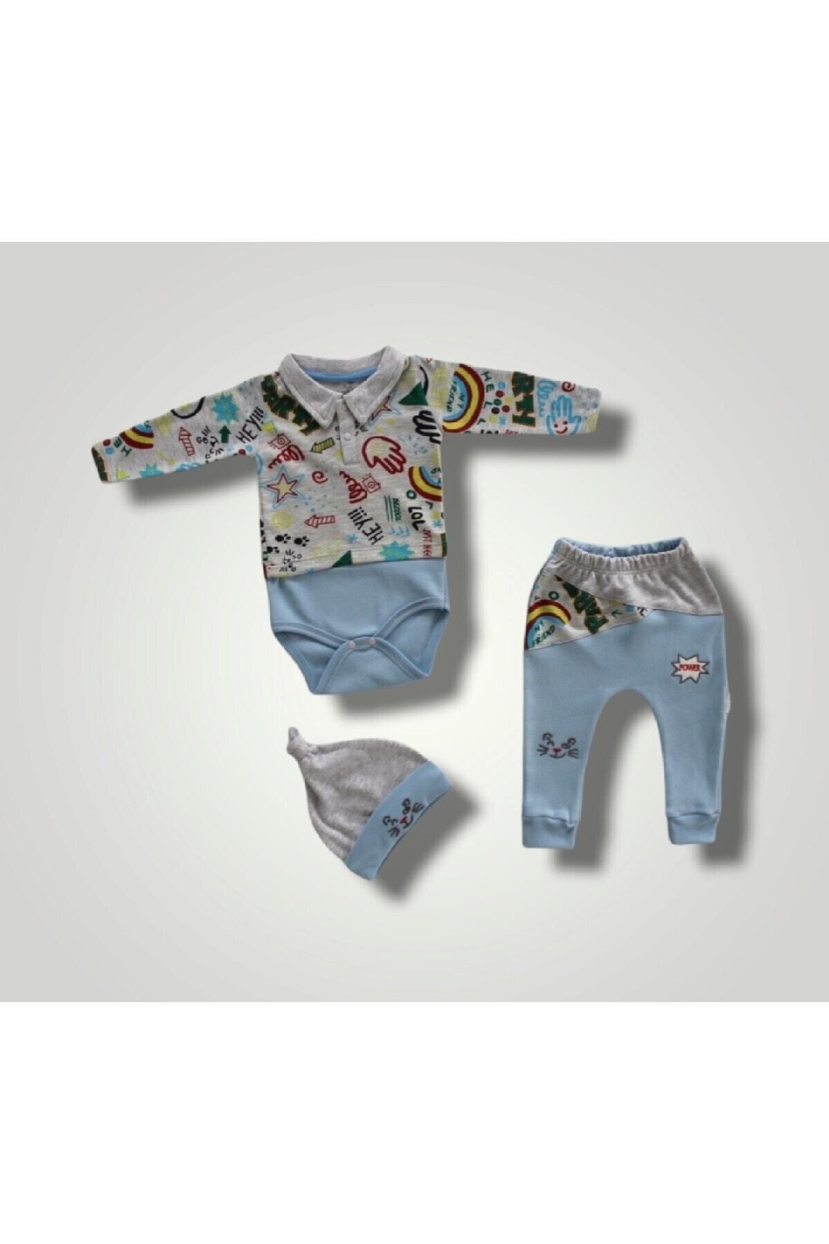 Tomuycuk 3lü Mavi Erkek Bebek Takım 3-6-9-12 Ay Bebek Takımları Kıyafetleri Bebek Giyim Hediyelik