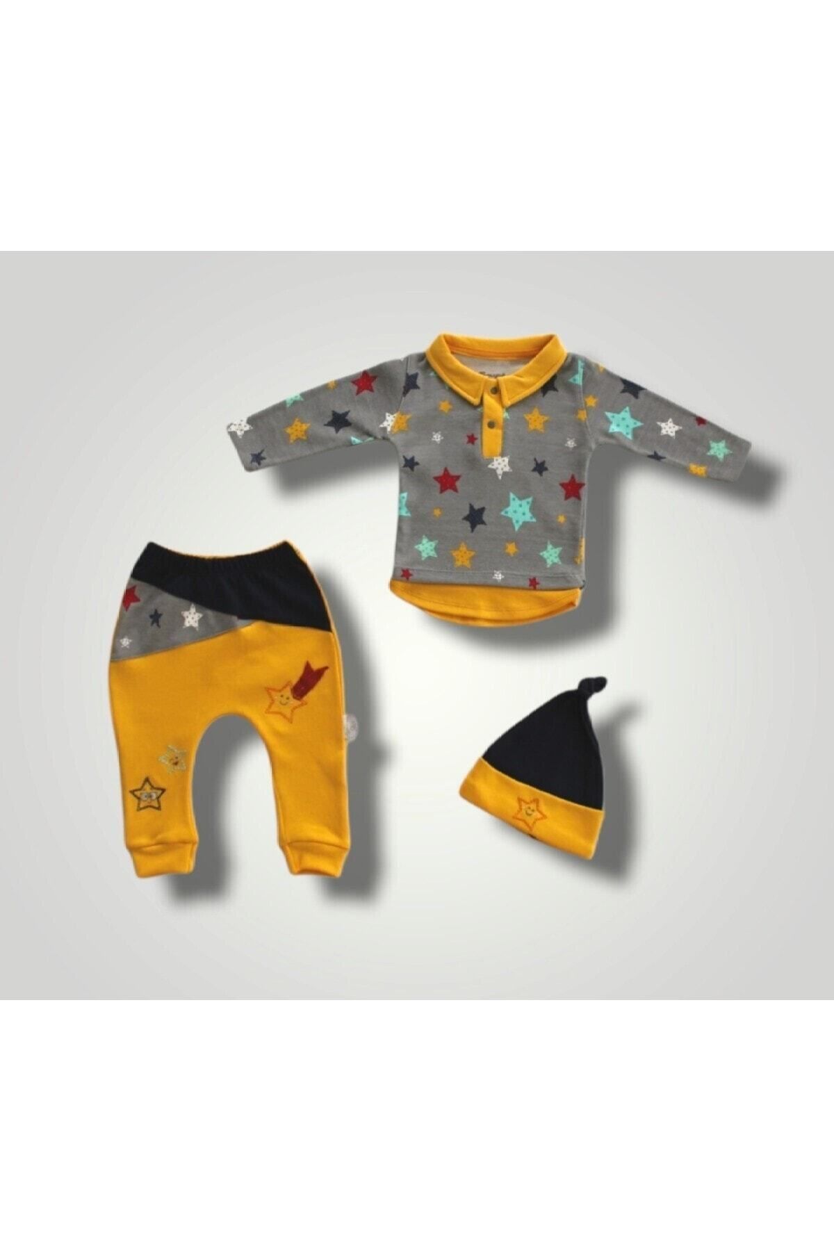 Tomuycuk 3'lü Sarı Erkek Bebek Takım 3-6-9-12 Ay Sweatli Uzun Kol Bebek Takımları Kıyafetleri Bebek Giyim