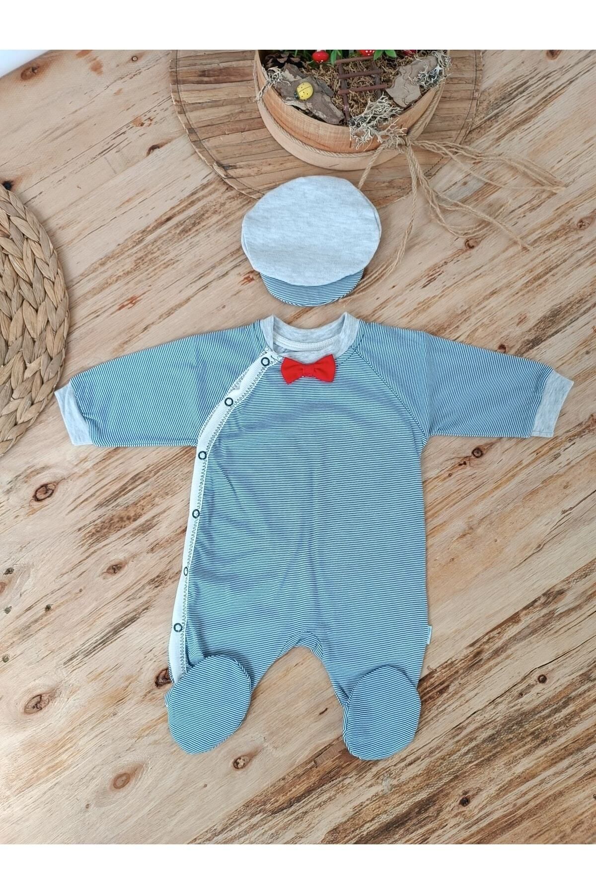 Tomuycuk Erkek Bebek Tulum Çizgili Reglan Şapkalı Lacivert Bebek Giyim Bebek Kıyafetleri
