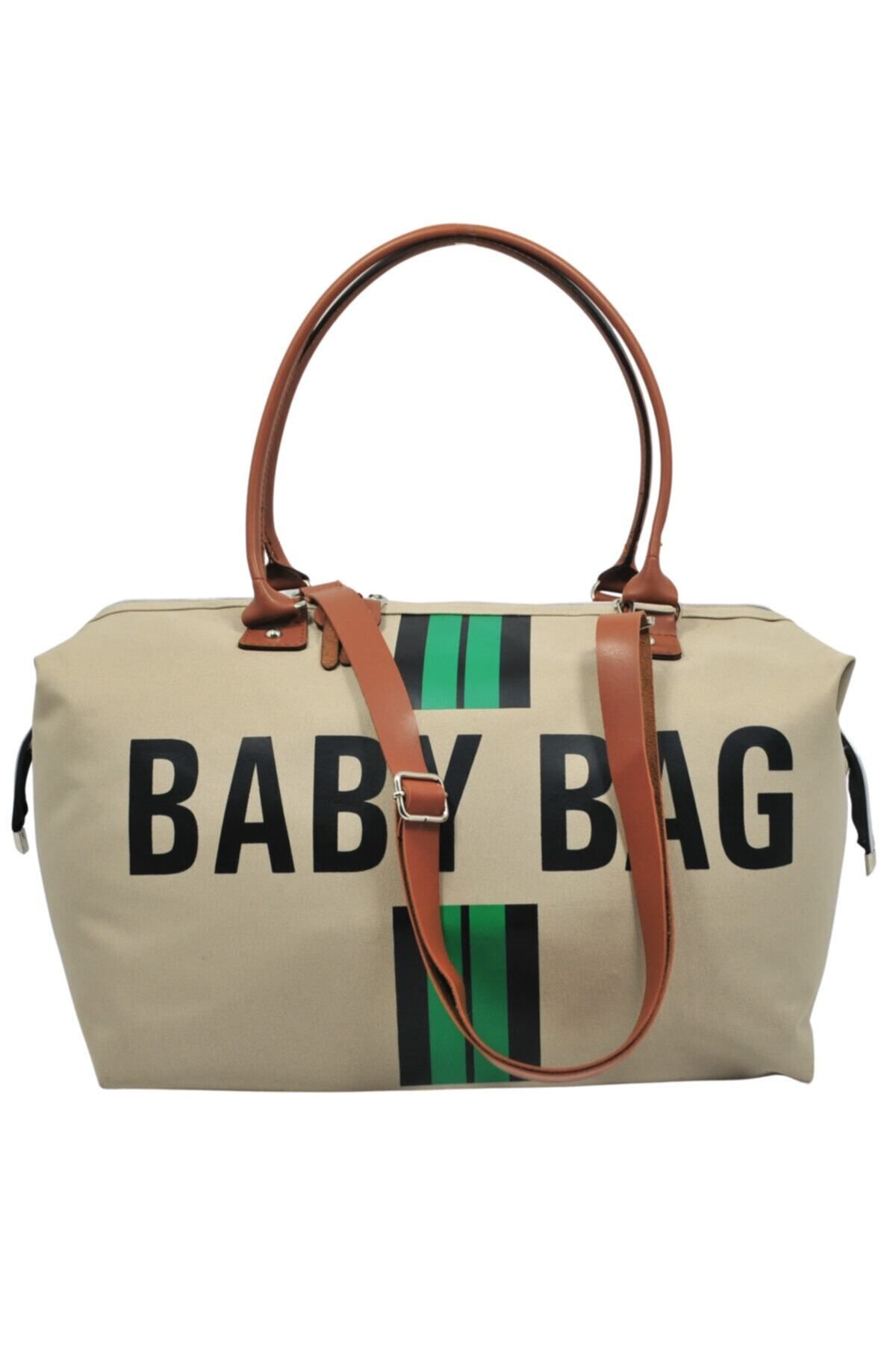 Babysi Baby Bag Tasarım Yeşil Çizgili Bej Anne Bebek Bakım Ve Kadın Çantası