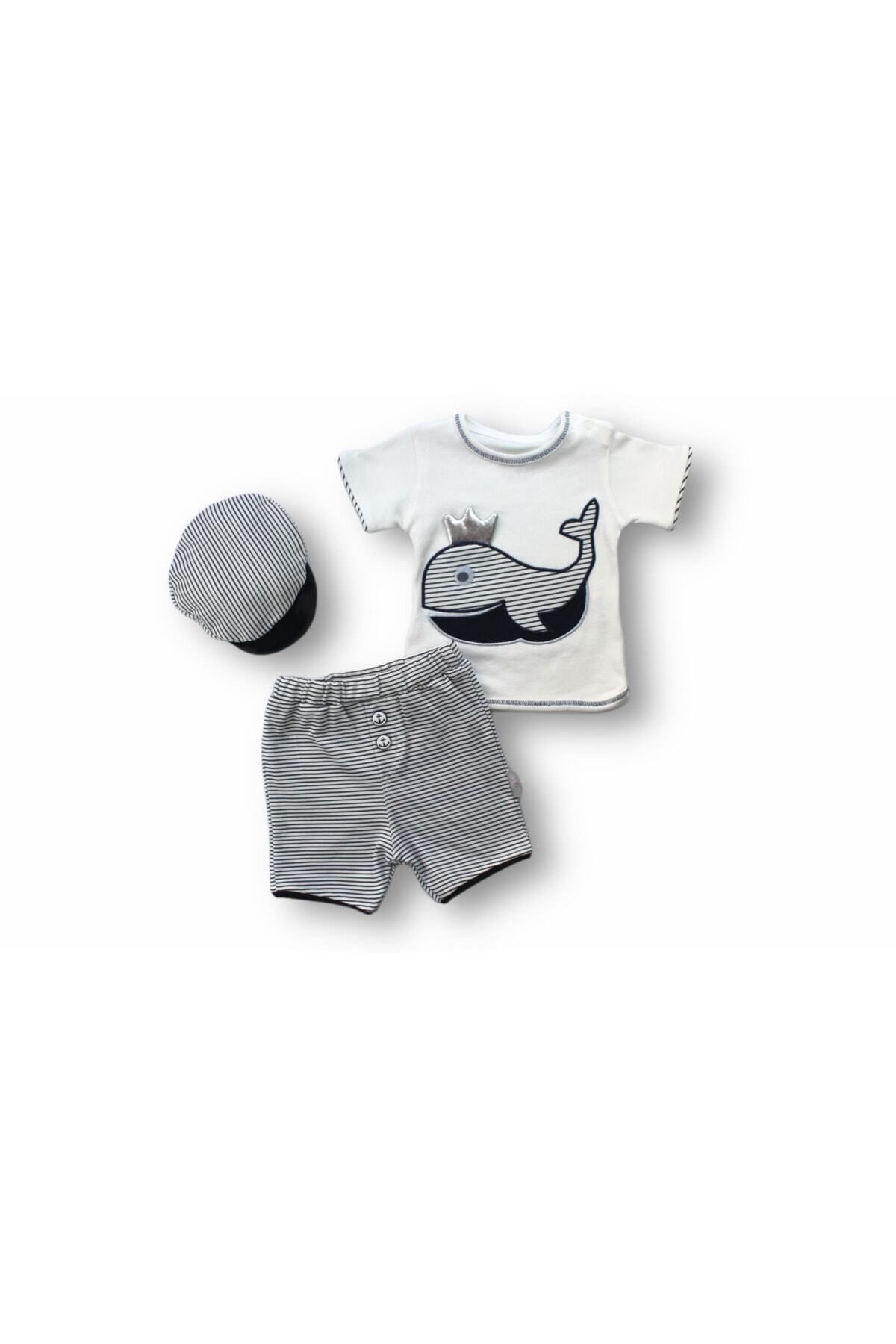 Tomuycuk 3'lü Ekru Erkek Bebek Çocuk Takım Balina Sweatli Yenidoğan Bebek Takımları Kıyafetleri Bebek Giyim