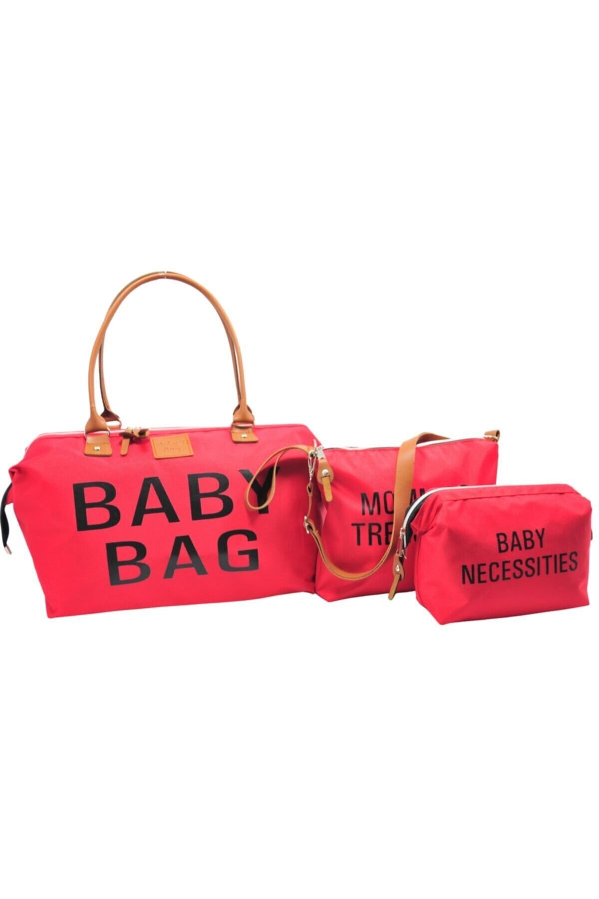 Babysi Baby Bag Tasarım3 Lü Set Kırmızı Anne Bebek Bakım Ve Kadın Çantası