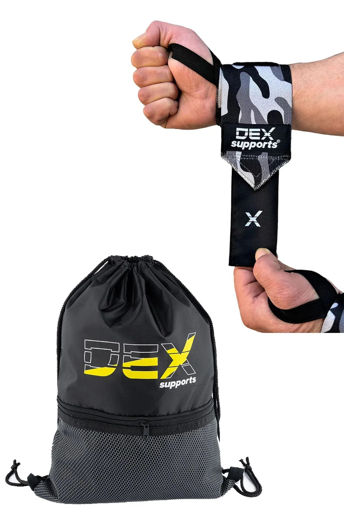 Dex Supports Lasting Energy Fitness Sporcu Bilekliği Dark Wrist Wraps+Sackpack Büzgülü Spor Çanta 2'li Paket