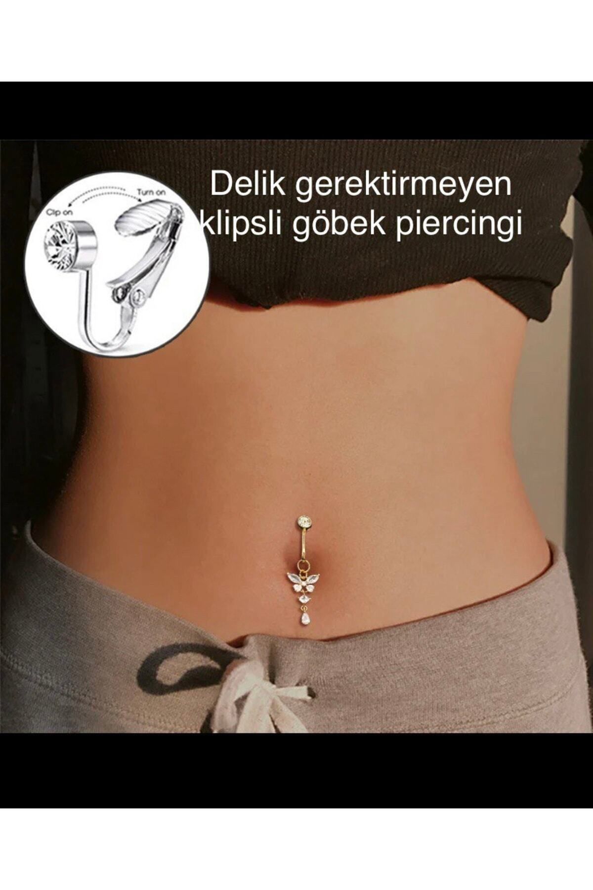 Arescollection Delik Gerektirmeyen Klipsli Sıkıştırmalı Sahte Göbek Piercingi