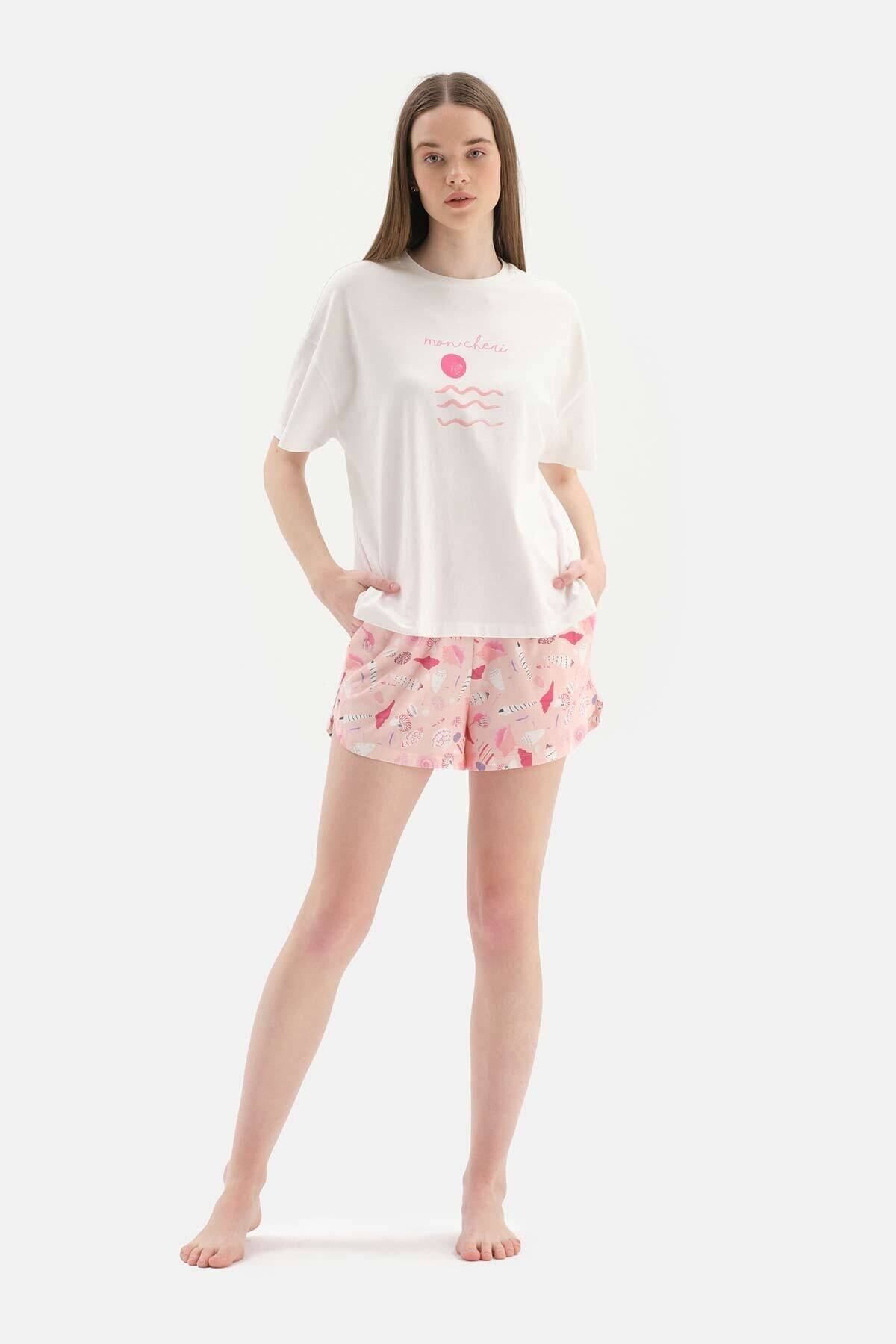 Dagi Kırık Beyaz Metraj Baskılı Pamuklu Şortlu Pijama Takımı