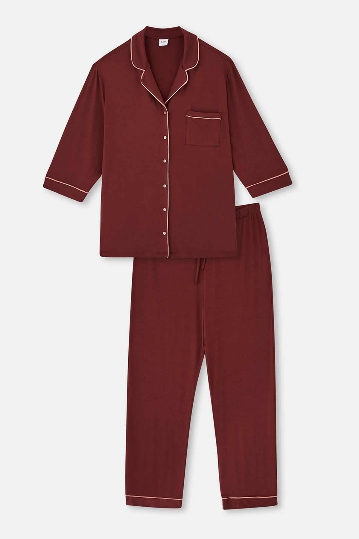 Dagi Kahverengi Gömlek Yaka Plus Size Viskon Pijama Takımı