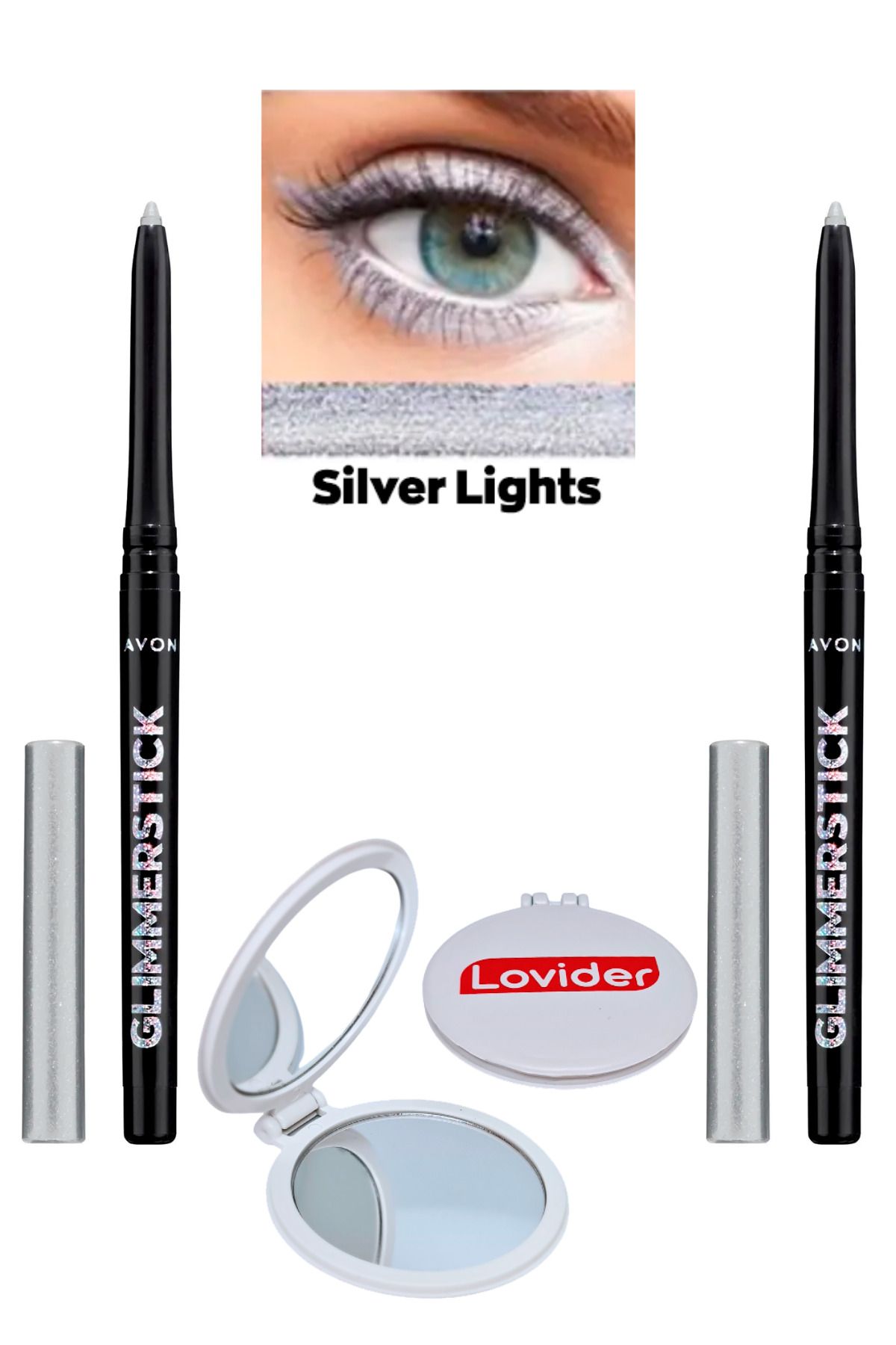Avon Glimmerstick Asansörlü Göz Kalemi Pırıltılı - Silver Lights 2'li + Lovider Cep Aynası