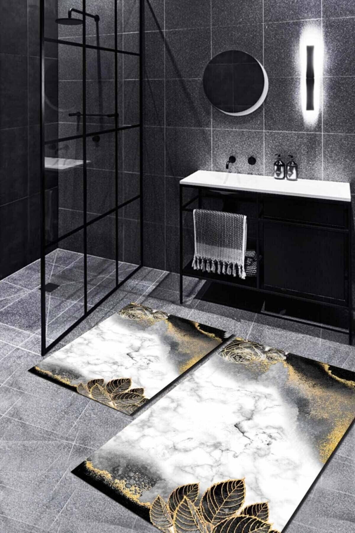 WOOLLY HOME COLLECTİON Siyah-gold Yaprak Gül Desen Modern 2'li Halı Takımı (60x100/40x60) - Wlly1095