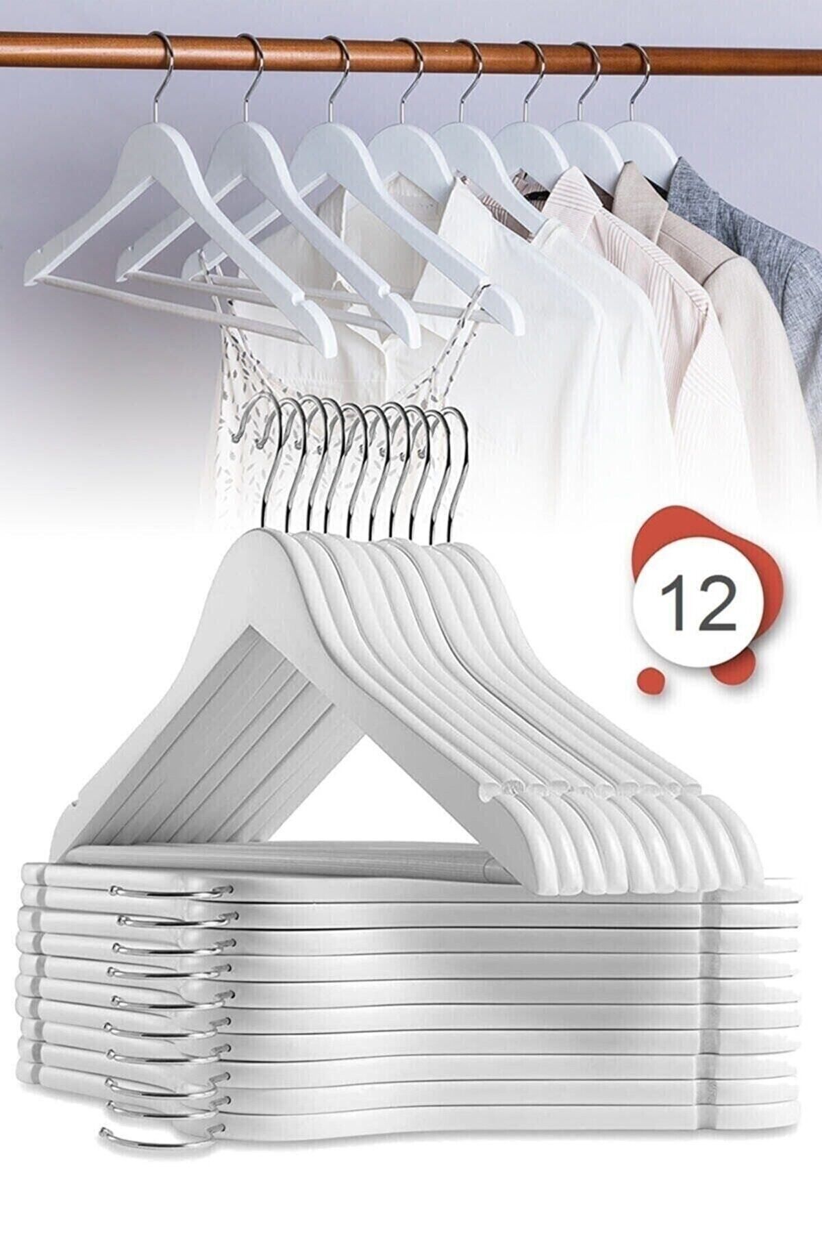 ESTİ 12 Adet - Ahşap Görünümlü Elbise Ve Kıyafet Askısı Beyaz
