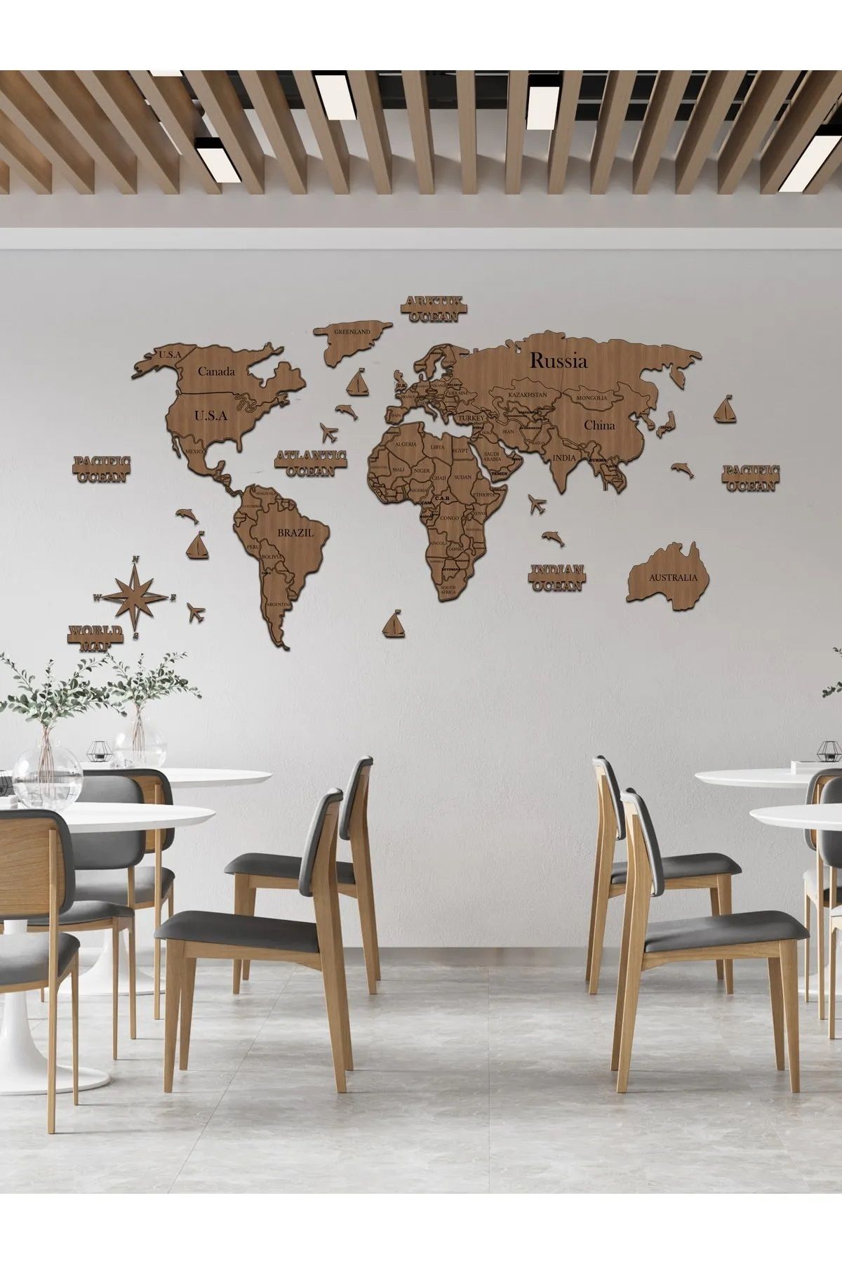 exalted hawk Kahverengi 2d Detaylı Dünya Haritası İngilizce Duvar Dekorasyonu