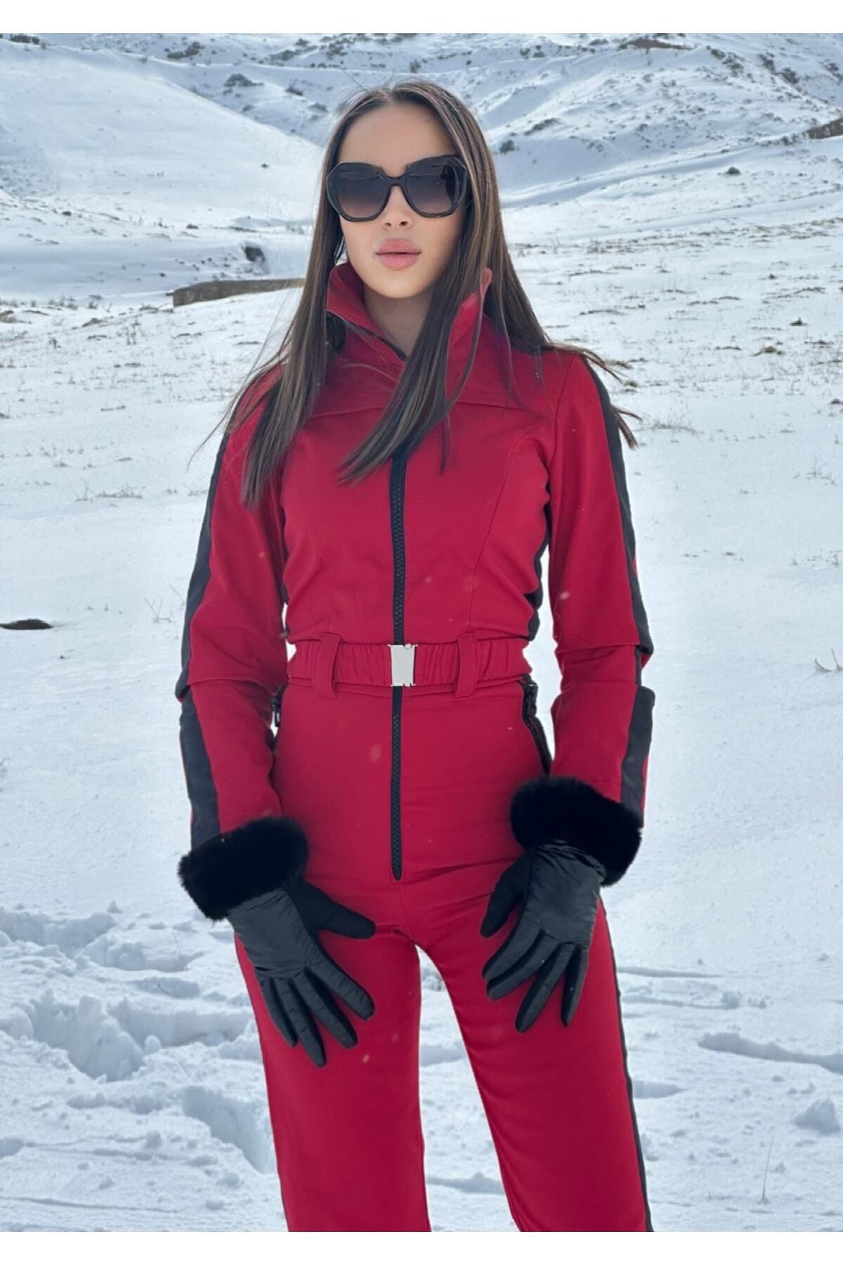 Öykü Lora Red Siyah Desenli Ski Suit (KAYAK TULUMU)