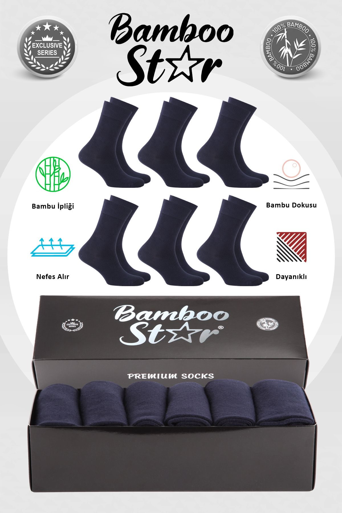 bamboo star Bambu Erkek Soket Uzun Düz Lacivert Dikişsiz 6'lı Premium Kutulu Çorap