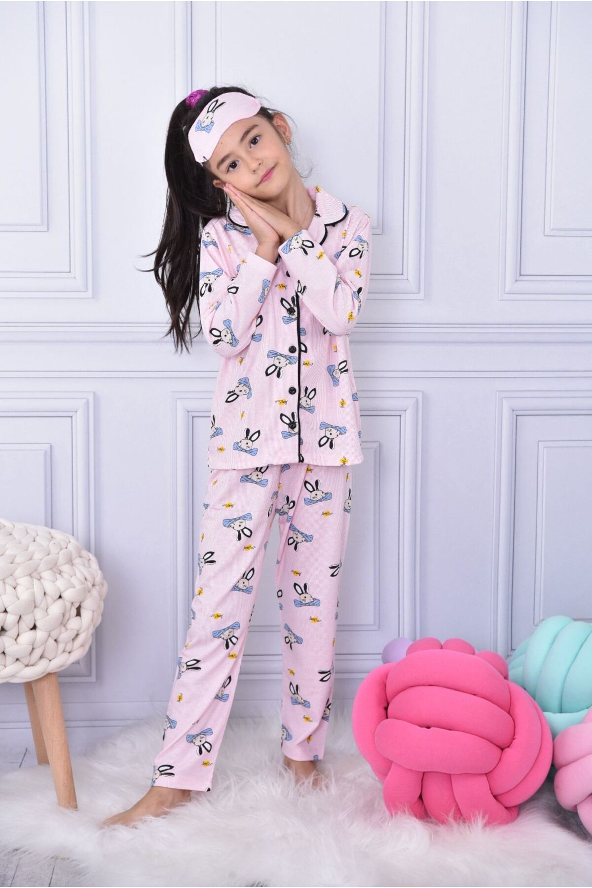 pijama moda Kız Çoçuk Pembe Papyonlu Tavşan Desenli Uzun Kollu Pijama Takımı + Göz Bandı