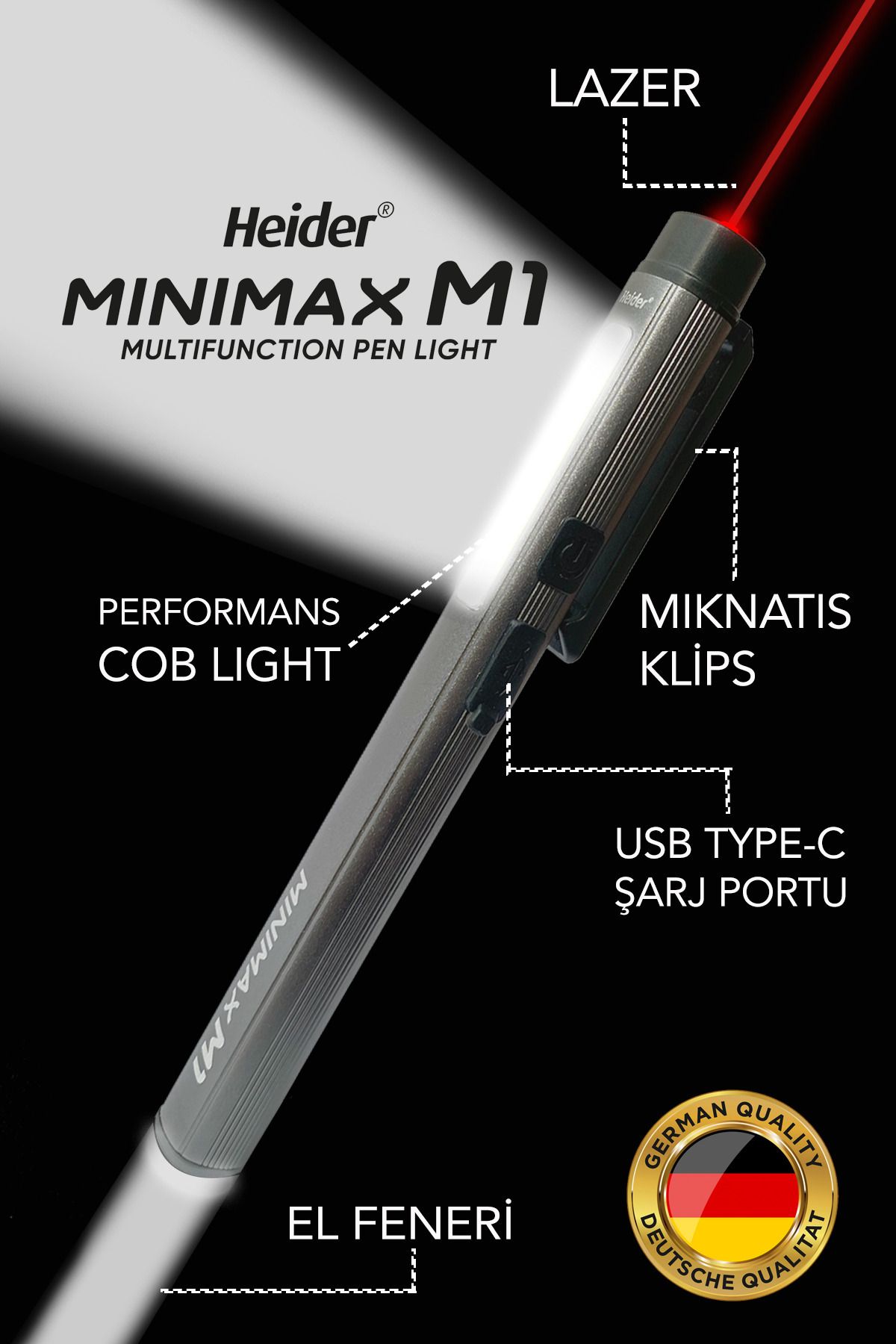 Heider Minimax M1 (YENİ) Özel Metal Tasarım 3 Fonksiyonlu (Lazer + 50 m2 Gövde Lambası + El Feneri) CE+RoHS