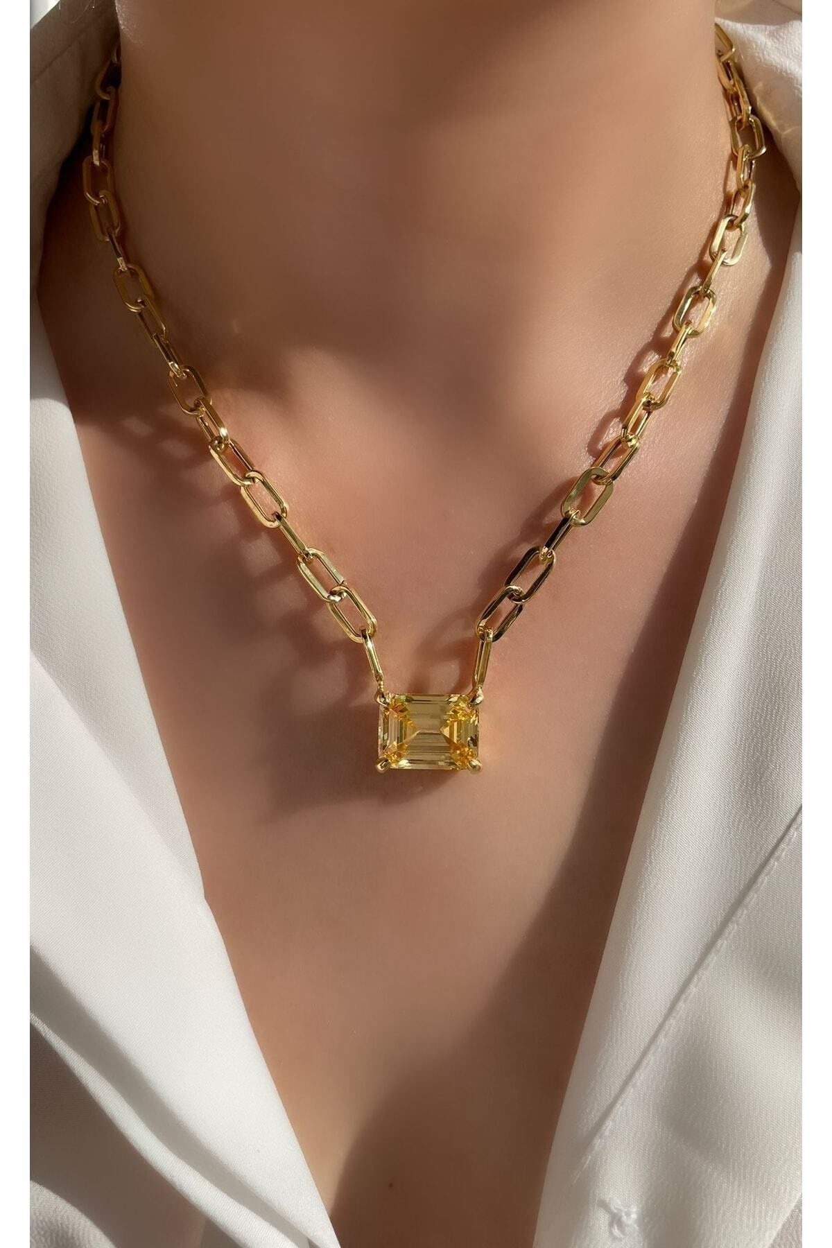 Luna Argento Jewelry Altın Kaplama Geo Zincir Sarı Renk Büyük Boy Dikdörtgen Model Paraıba Kolye 925 Ayar Gümüş