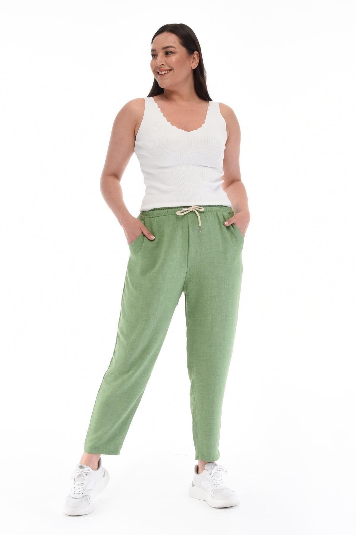 CEDY DENIM Kadın Yeşil Sentetik Keten Yüksel Bel Dar Paça Bağcıklı Büyük Beden Mom Pantolon C611-bb