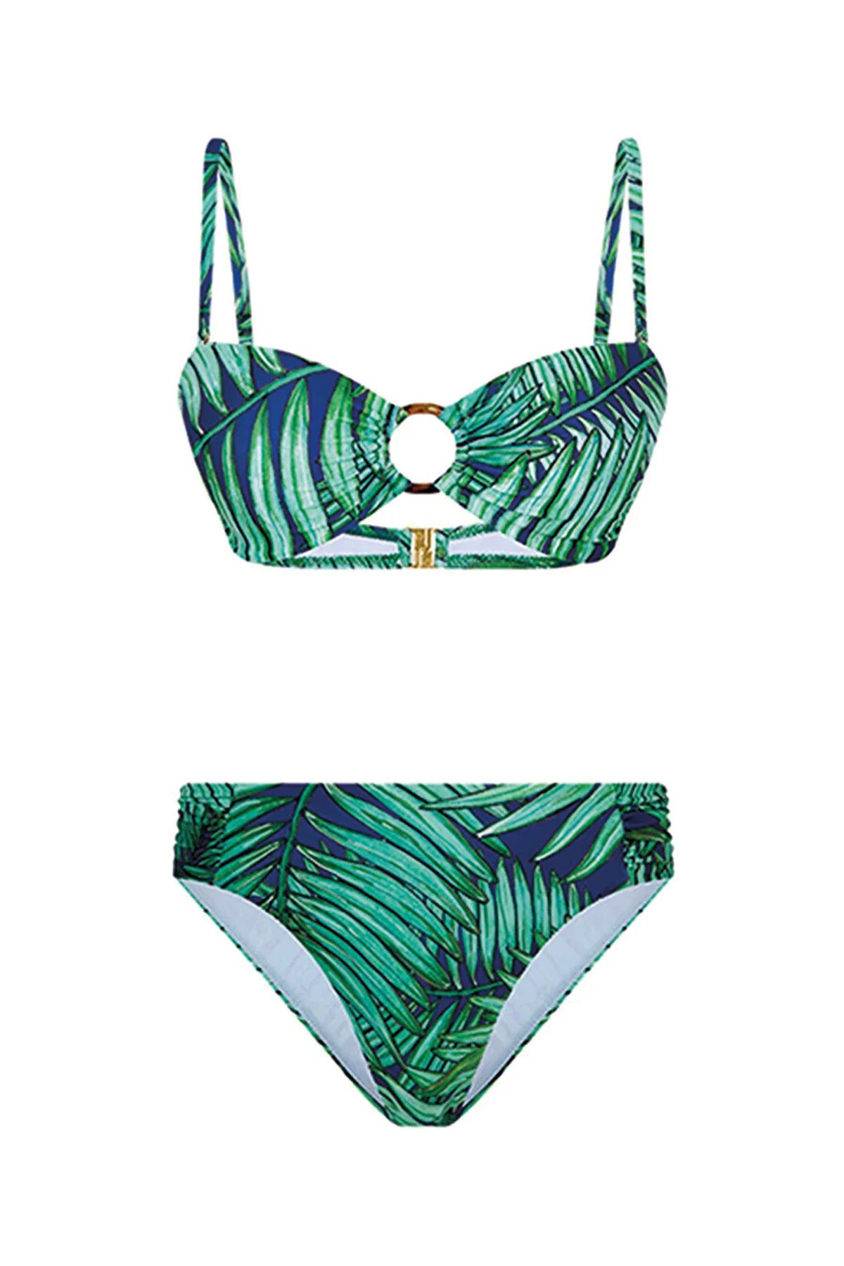 Bonesta Yeşil Mavi Yaprak Desenli Halka Aksesuarlı Bikini Takımı