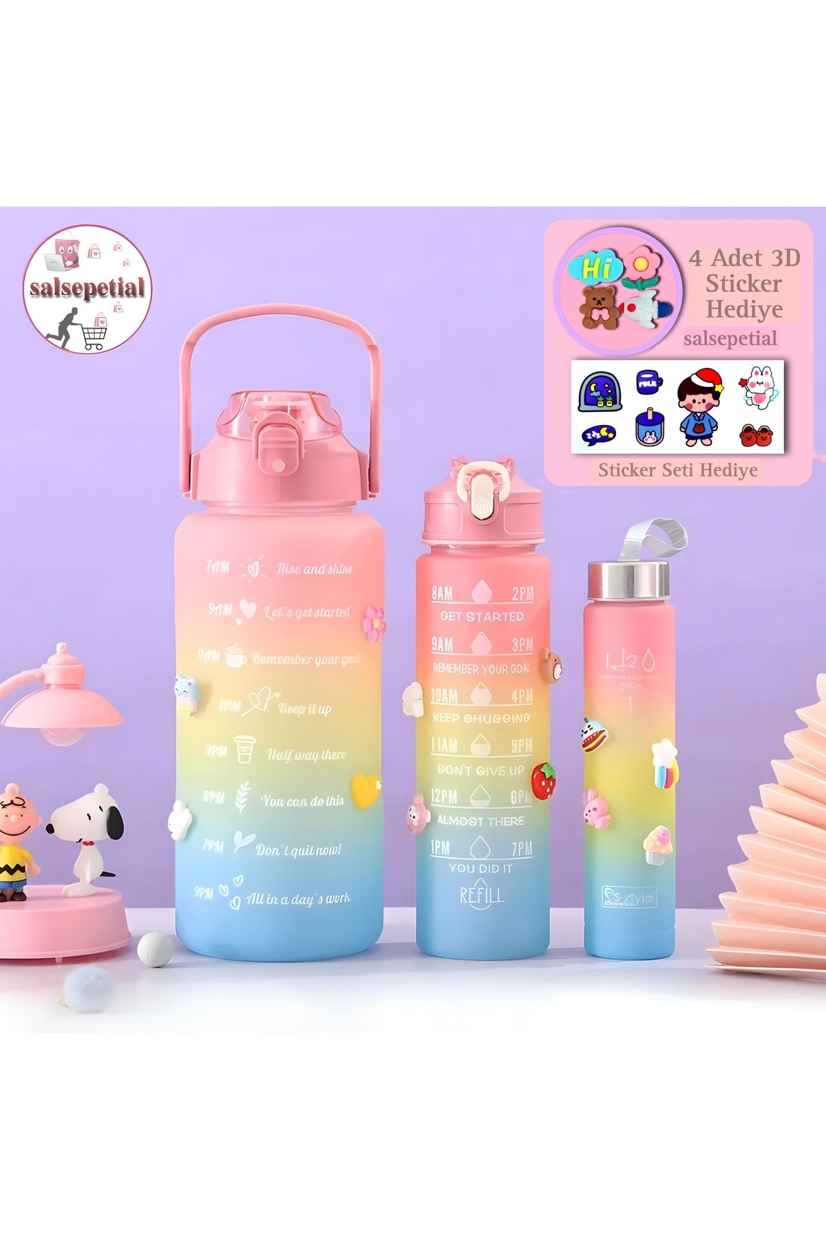 Salsepetial 3'lü Set Motivasyonel Su Matarası, Stickerli Suluk, Motivasyon Matarası 2 Litre, 750 Ml, 300 ml