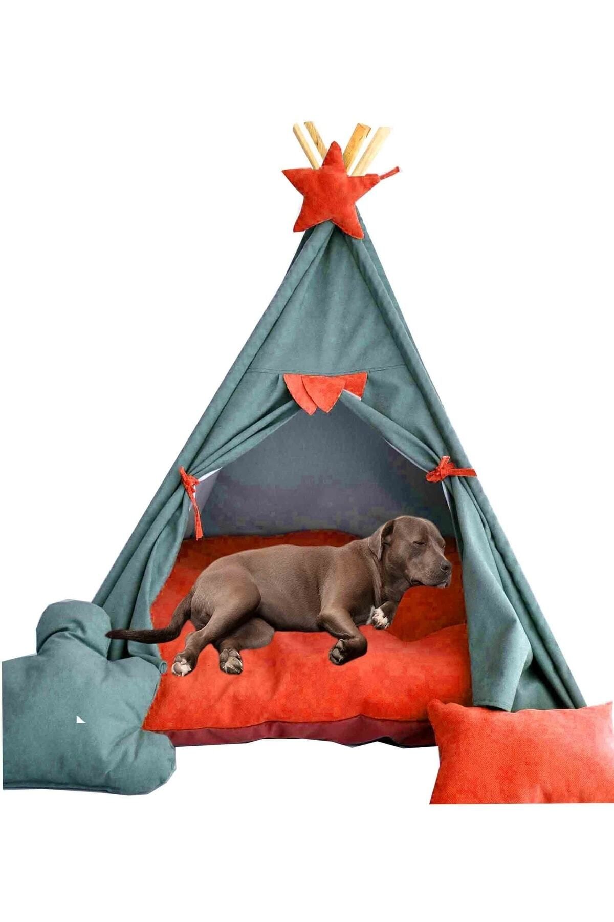 Mavi Vitrin Büyük Irk Köpek Evi Çadırı Yıkanabilir Yırtılmaz Kumaş Soft Minderli Yastık Hediyeli