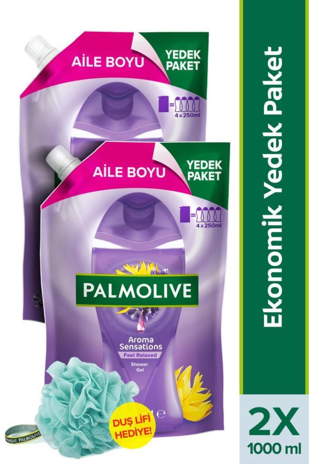Palmolive Aroma Sensations Feel Relaxed Aile Boyu Yedek Paket Duş Jeli 1000 ml x2 + Duş Lifi Hediye