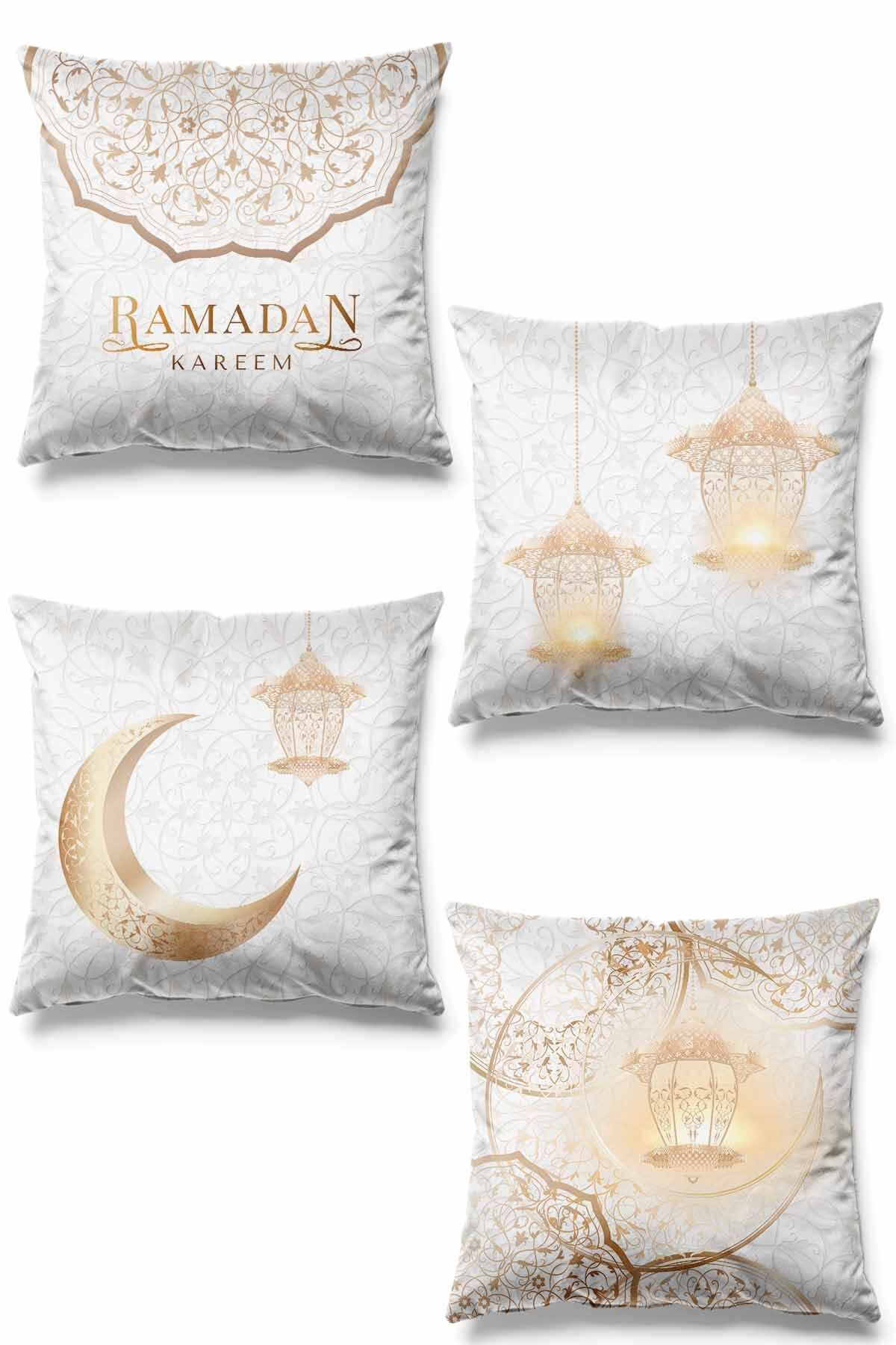 Pilloveland Çift Tarafı Baskılı Ramazan Pearl Desenli 4'lü Set Süet Kırlent Kılıf Ramadan Kareem
