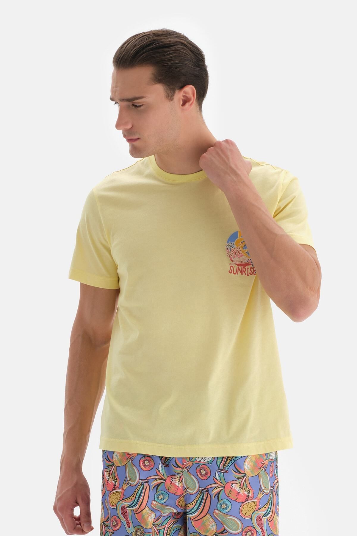 Dagi Açık Sarı Bisiklet Yaka Baskılı T-shirt