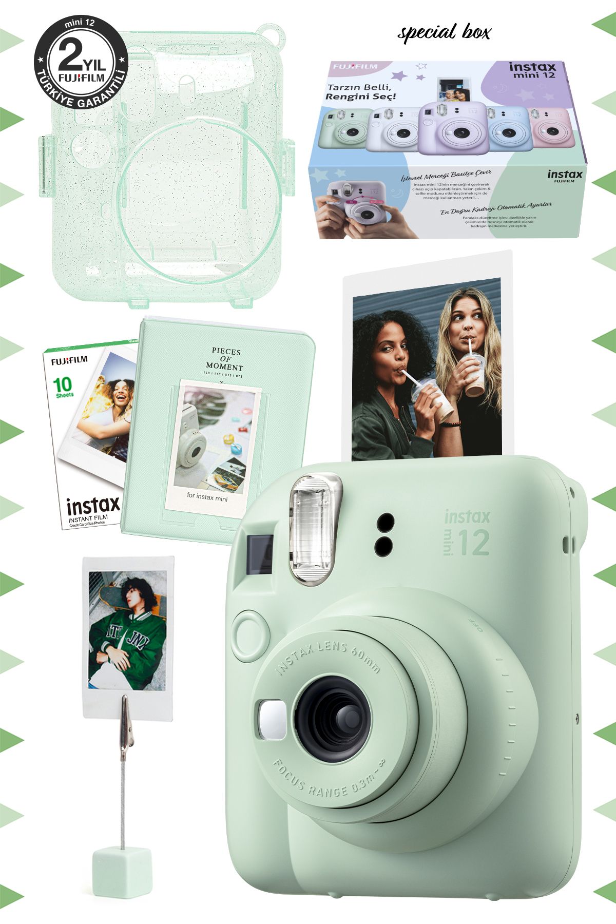 Fujifilm Instax mini 12 Yeşil Fotoğraf Makinesi-10'lu Film-Kıskaçlı Stand-PVC Albüm ve Simli Pleksi Kılıf Se