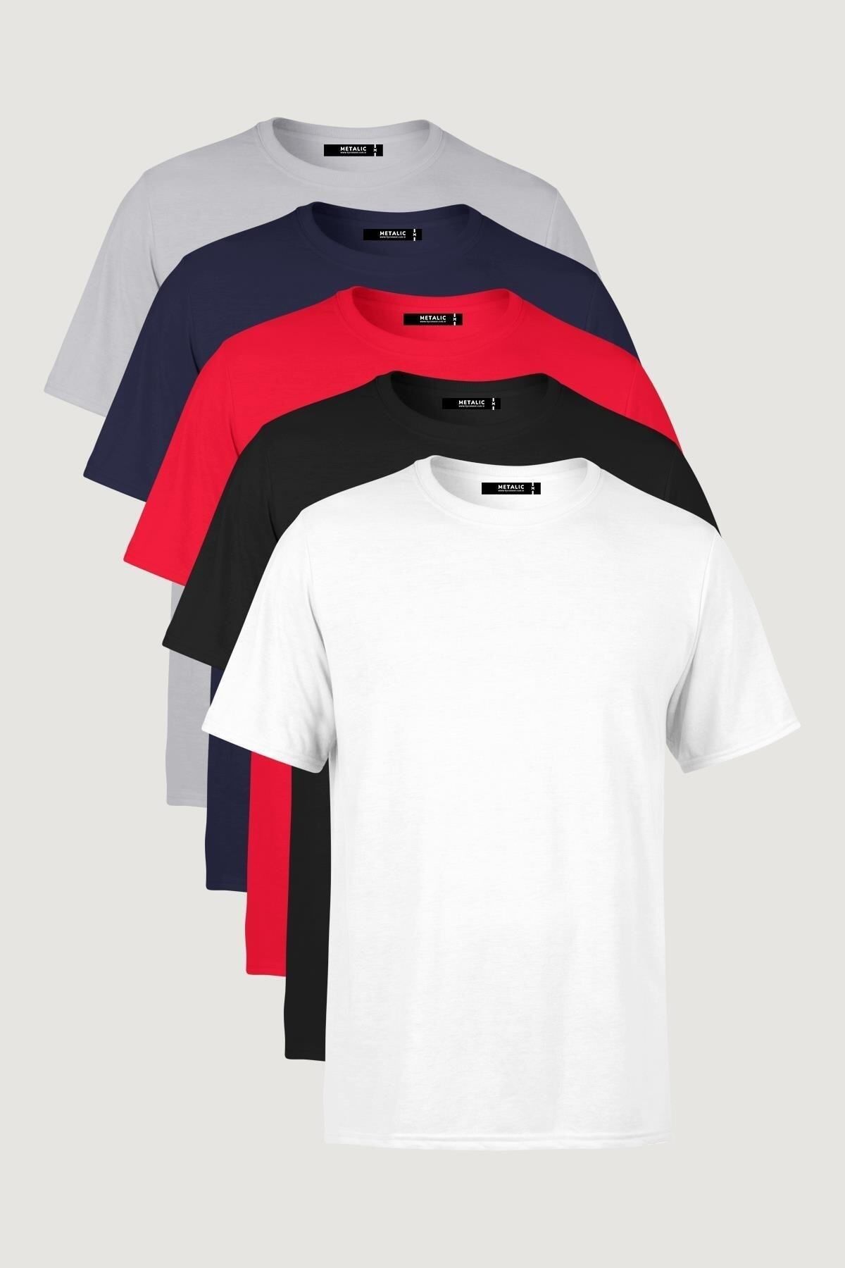mmetalic Erkek Çok Renkli T- Shirt Regular Fit Rahat Kesim Bisiklet Yaka 5'li Basic Tişört Paketi