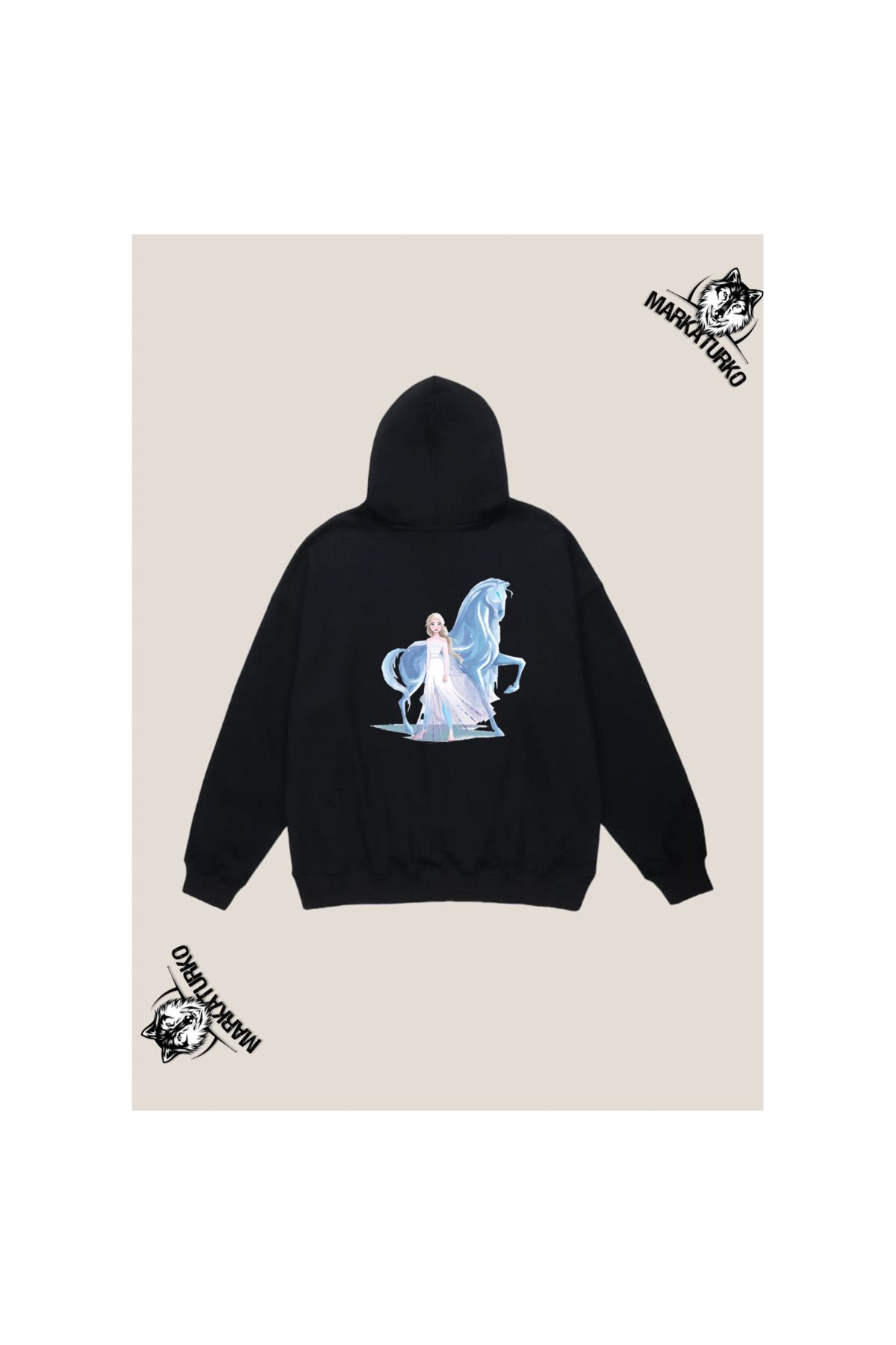 MarkaTurko Frozen Özel Tasarım Sırt Baskılı Siyah Kapşonlu Unisex Sweatshirt 2404-5