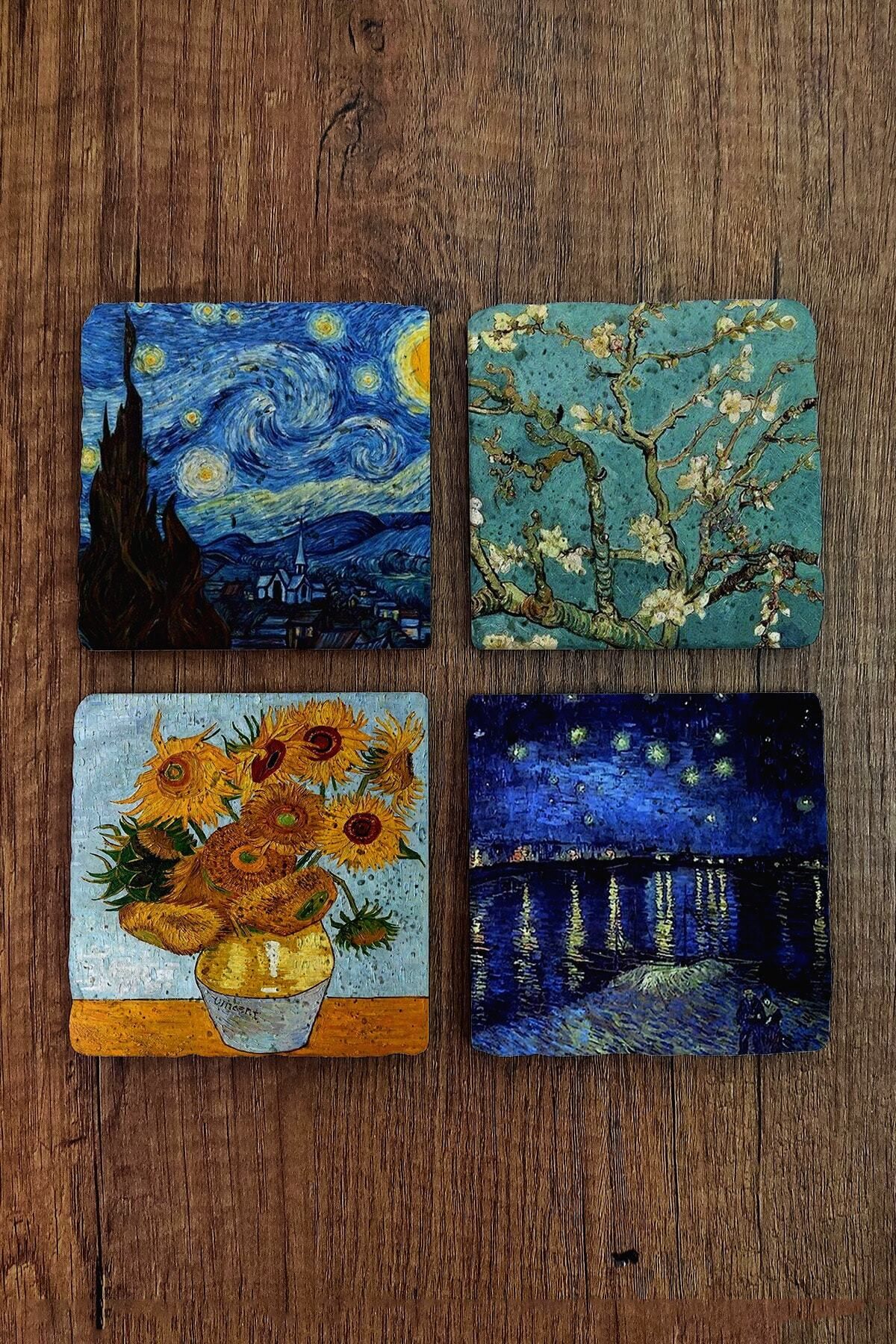 Begoloni Stone Decor Doğal Taş Bardak Altlığı Vincent Van Gogh Eserleri Baskılı 4'lü Set - Stone Coasters
