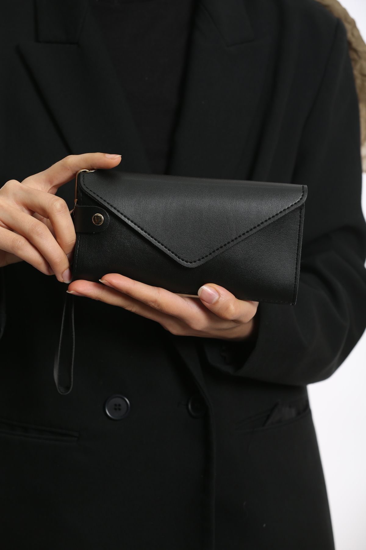 Blatoune Polo Envelope Telefon Ve Bozuk Para Bölmeli Zarf Model Zarif Siyah Kadın Cüzdan El Çantası