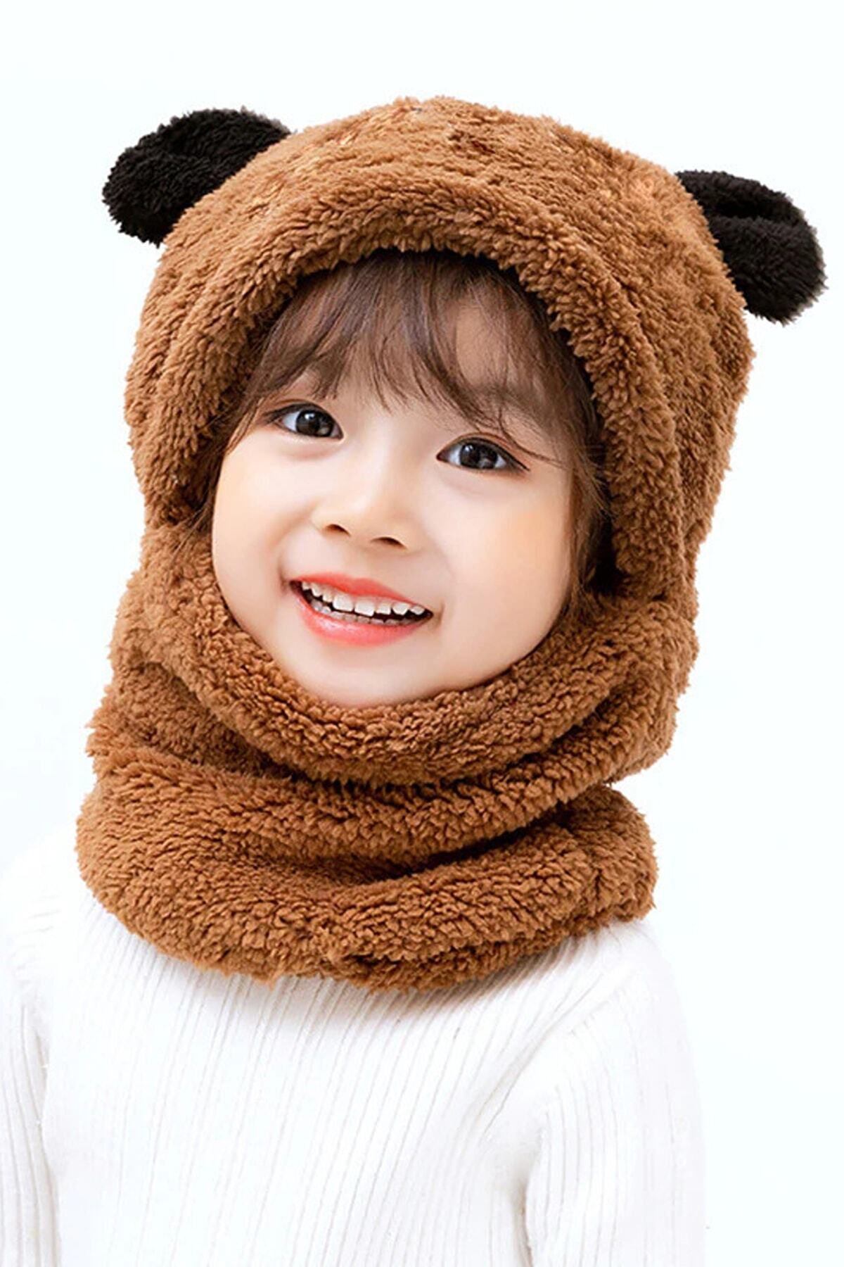 Bundeba Panda Çocuk Kapşonlu Peluş Bere Atkı Welsoft Boyunluk Rüzgar Geçirmez Kulaklı Şapka