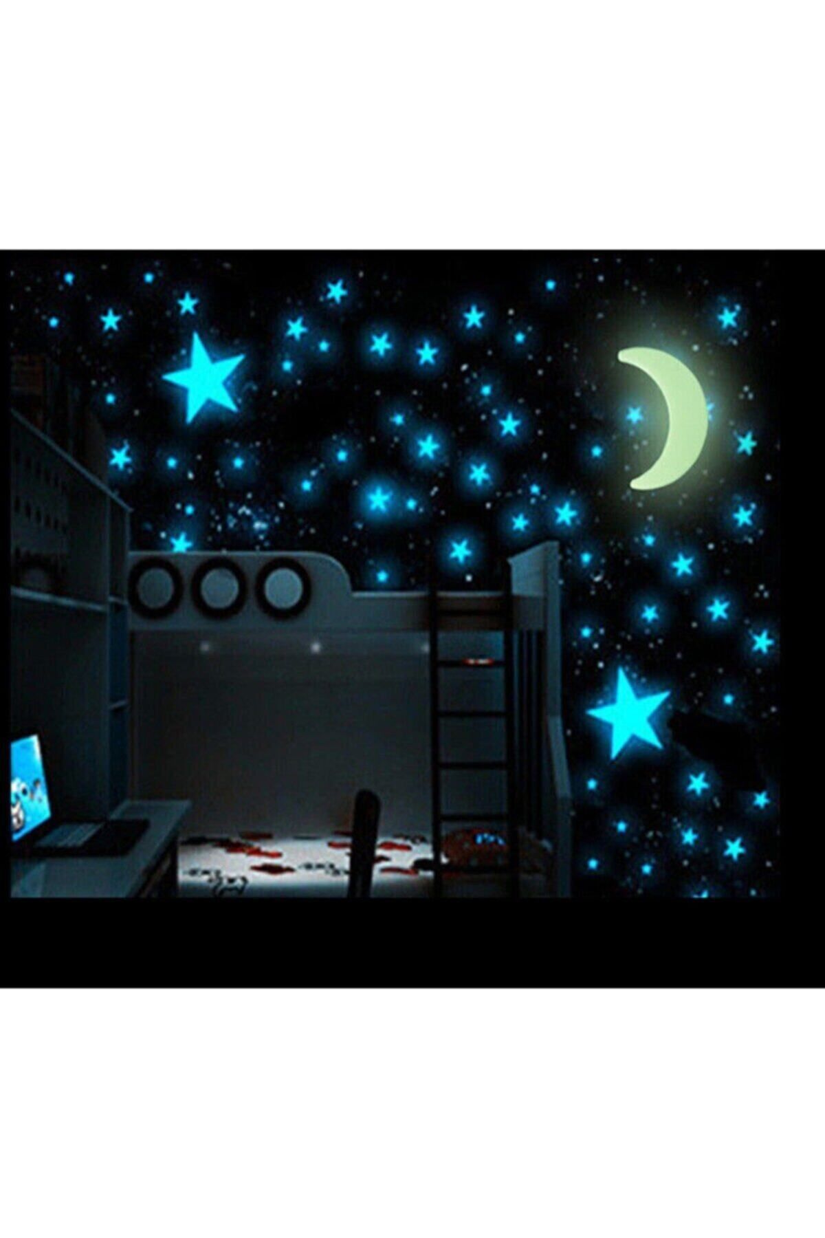 Bundera 100 Adet Fosforlu Yıldız Ay Gezegen Gökyüzü Karanlıkta Parlayan Çocuk Odası Duvar Tavan Süsü Sticker