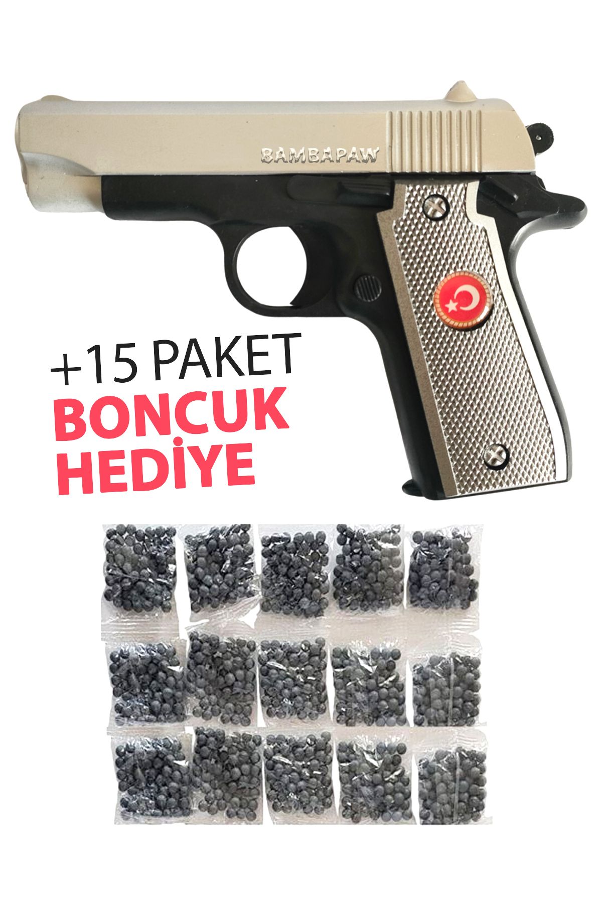 BambaPaw YENİ! Boncuk Atan Türk Bayraklı Gümüş Oyuncak Tabanca - Boncuklu Oyuncak Tabanca + 15 Paket Boncuk