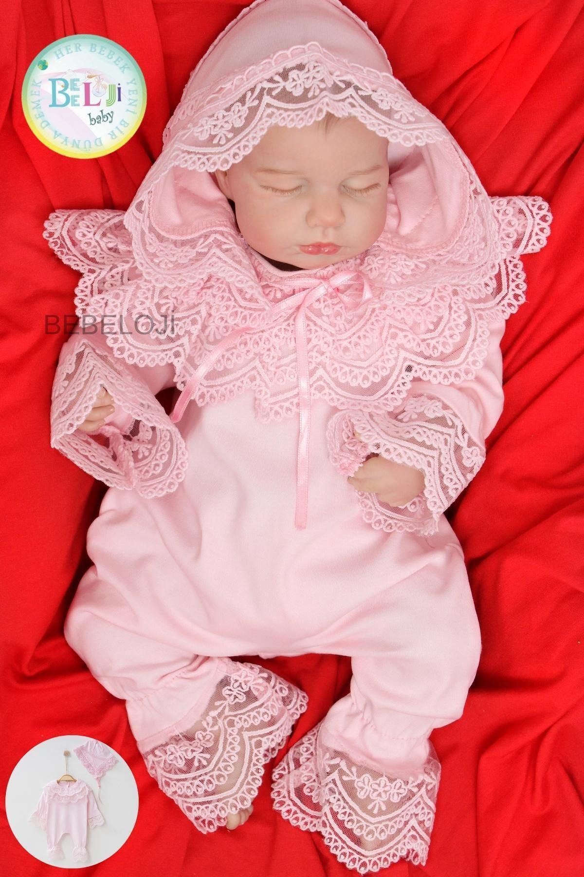 Bebeloji Baby Kız Bebek Hastane Çıkışı Dantelli Tulum Şapka ( mevlüt tulum Yenidoğan tulum )