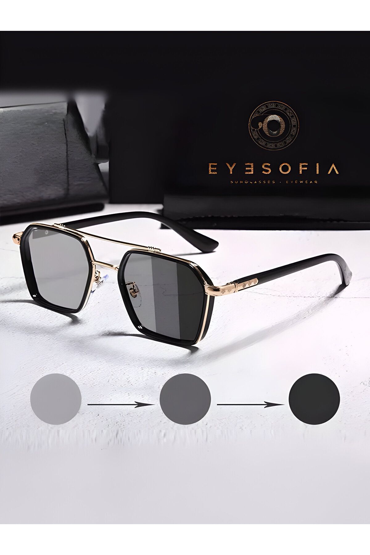 Eyesofia Güneş Gözlüğü Kadın & Erkek Uv400 Cam Ce Belgeli Gold Siyah