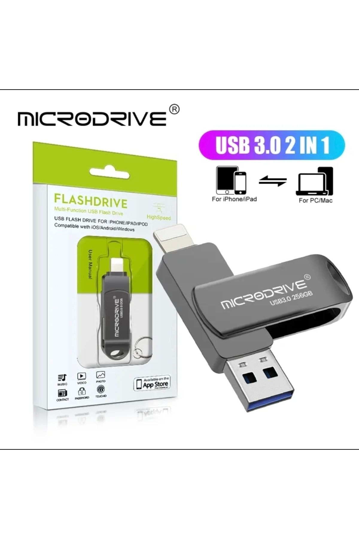 MicroDrive 512gb 256gb 128gb 64gb.iphone Lightning Ve Usb 3.0 Usb Flash Bellek Otg Çift Giriş Sağlam Metal