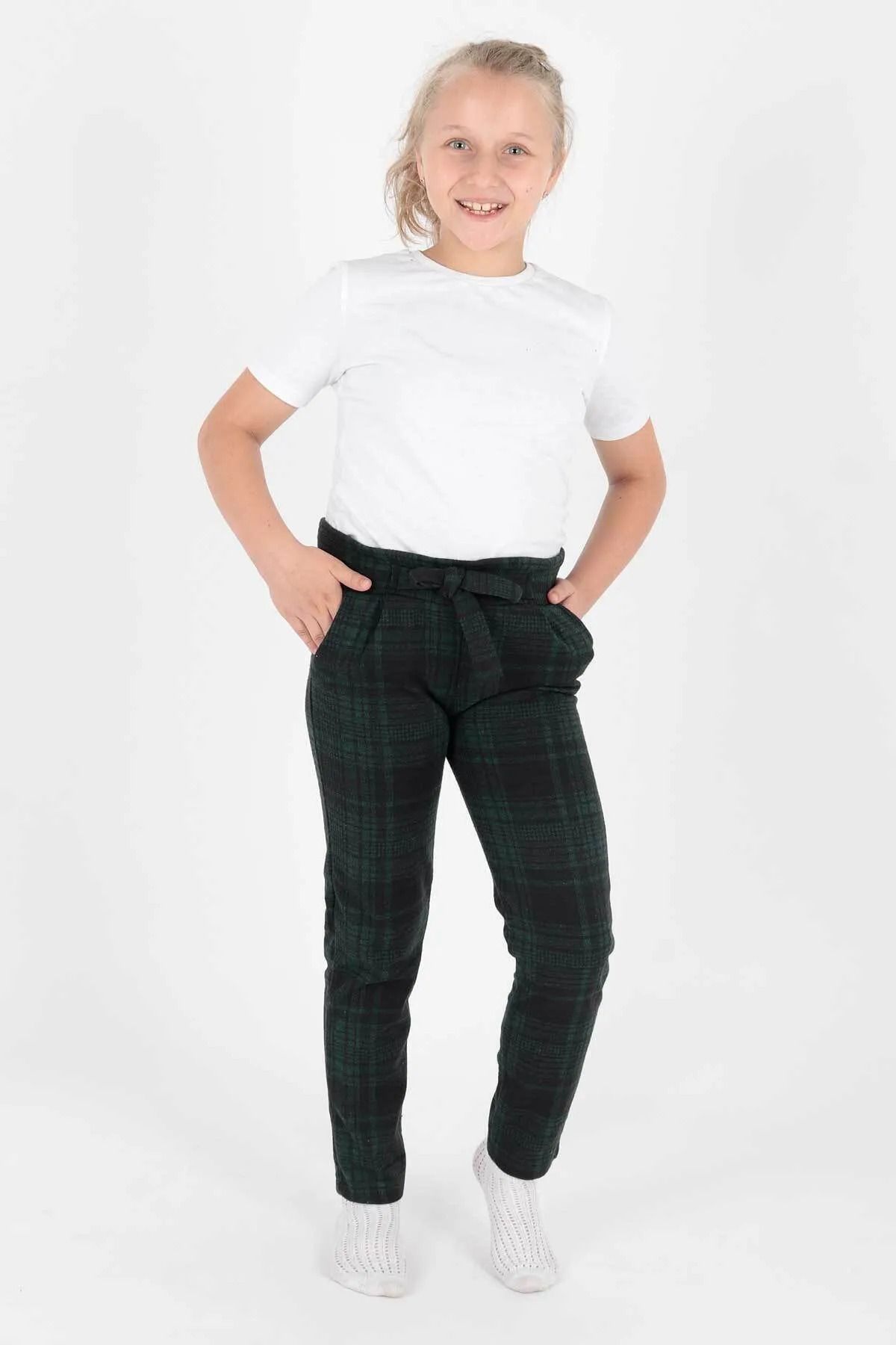 AHENGİM Kız Çocuk Ekoseli Kuşaklı Trend Pantolon Ak2201
