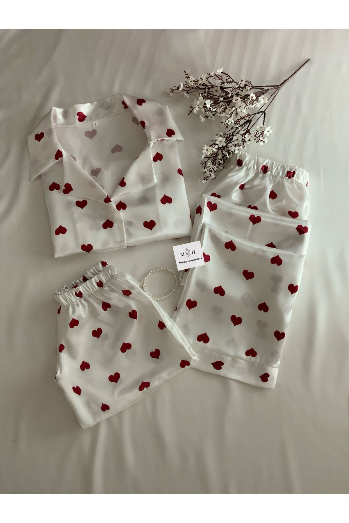 MH Moony Homewears Hediye 3'lü My Heart Saten Pijama Takımı