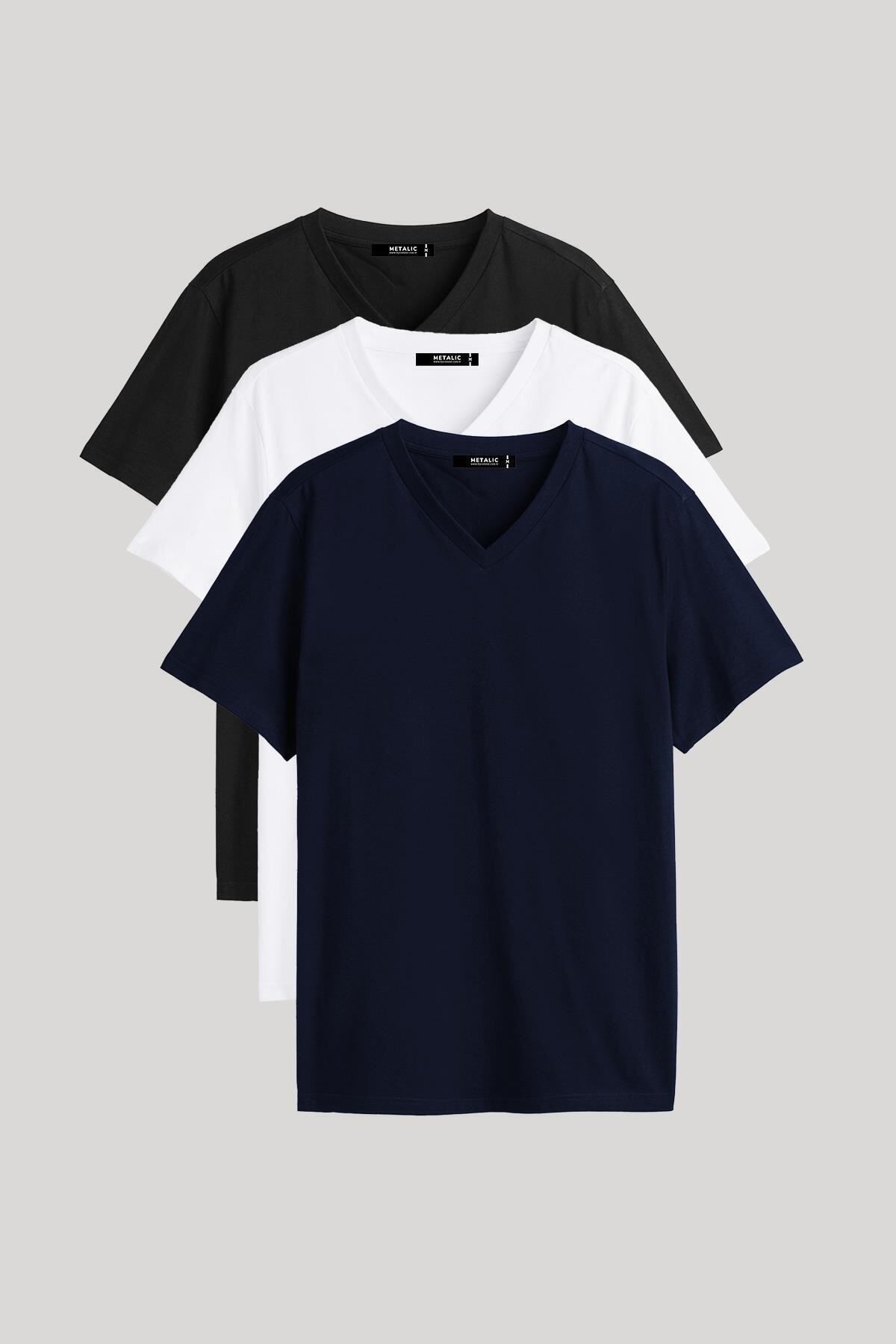 mmetalic Erkek Çok Renkli T- Shirt Regular Fit Rahat Kesim V Yaka 3'lü Basic Tişört Paketi