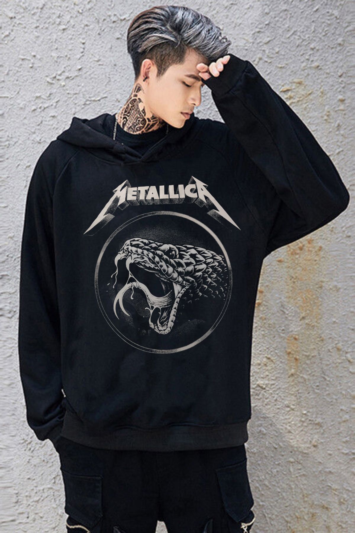 Freak Tshirt Siyah Renk Metallica Snake Baskılı Unisex Kapüşonlu Sweatshirt