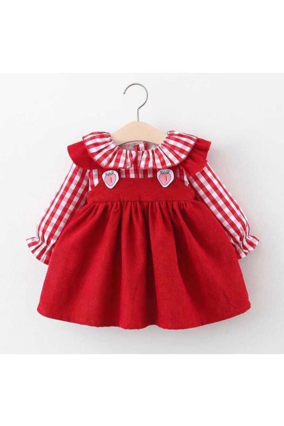 LİYYSA Kız Çocuk Çilek Figürlü Kırmızı Pötikare Elbise