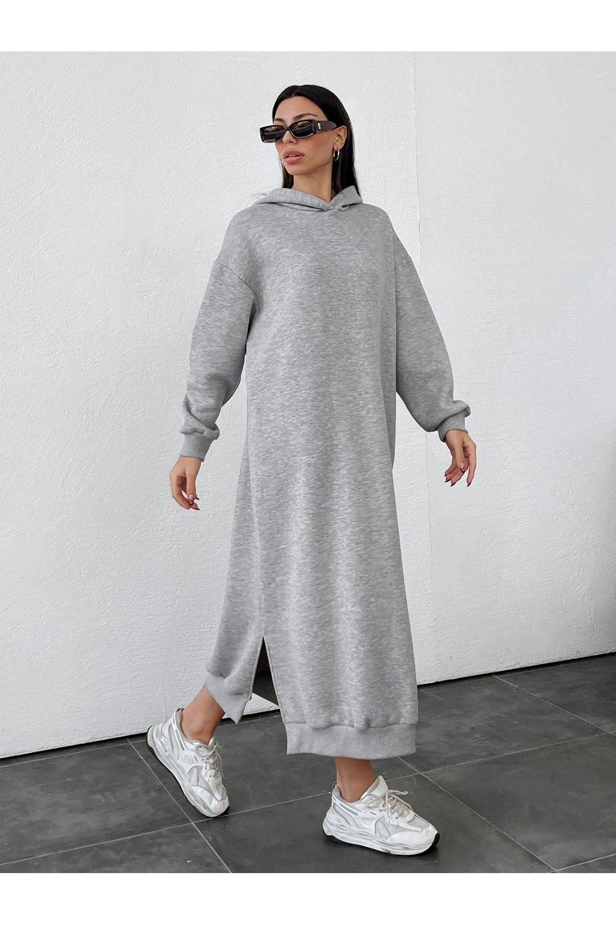 only moon Kadın Giyim 3 Iplik Şardonlu Uzun Eşortman Elbise,spor Elbise