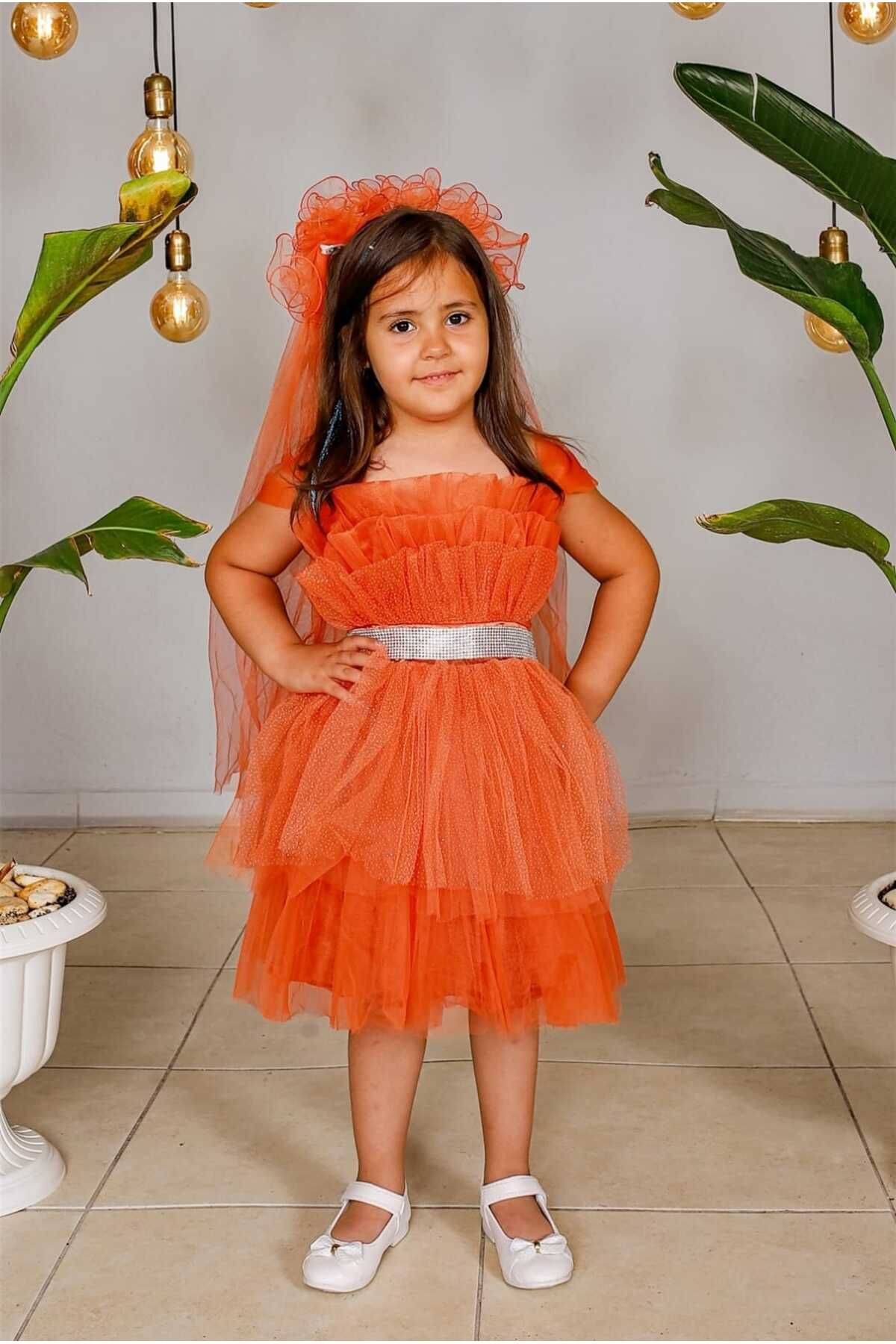 Kokosh kız Çocuk Duvaklı turuncu abiye elbise ve duvak