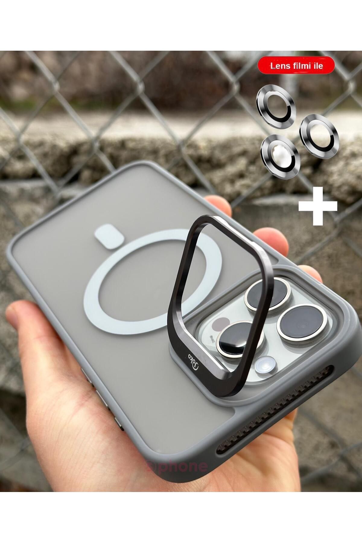 Sphone iPhone 15 Pro Max Uyumlu Bumper Açılır Kamera Magsafe Manyetik Mat Renkli Şeffaf + Lens Koruyucu Set