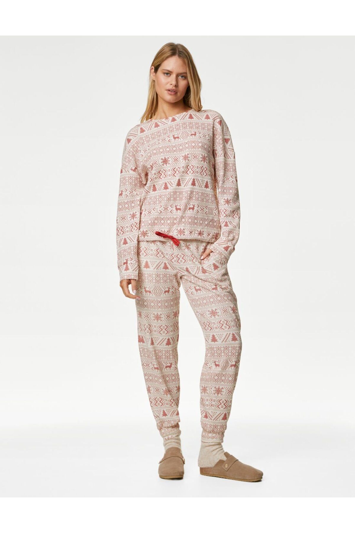Marks & Spencer Yılbaşı Temalı Uzun Kollu Waffle Pijama Takımı