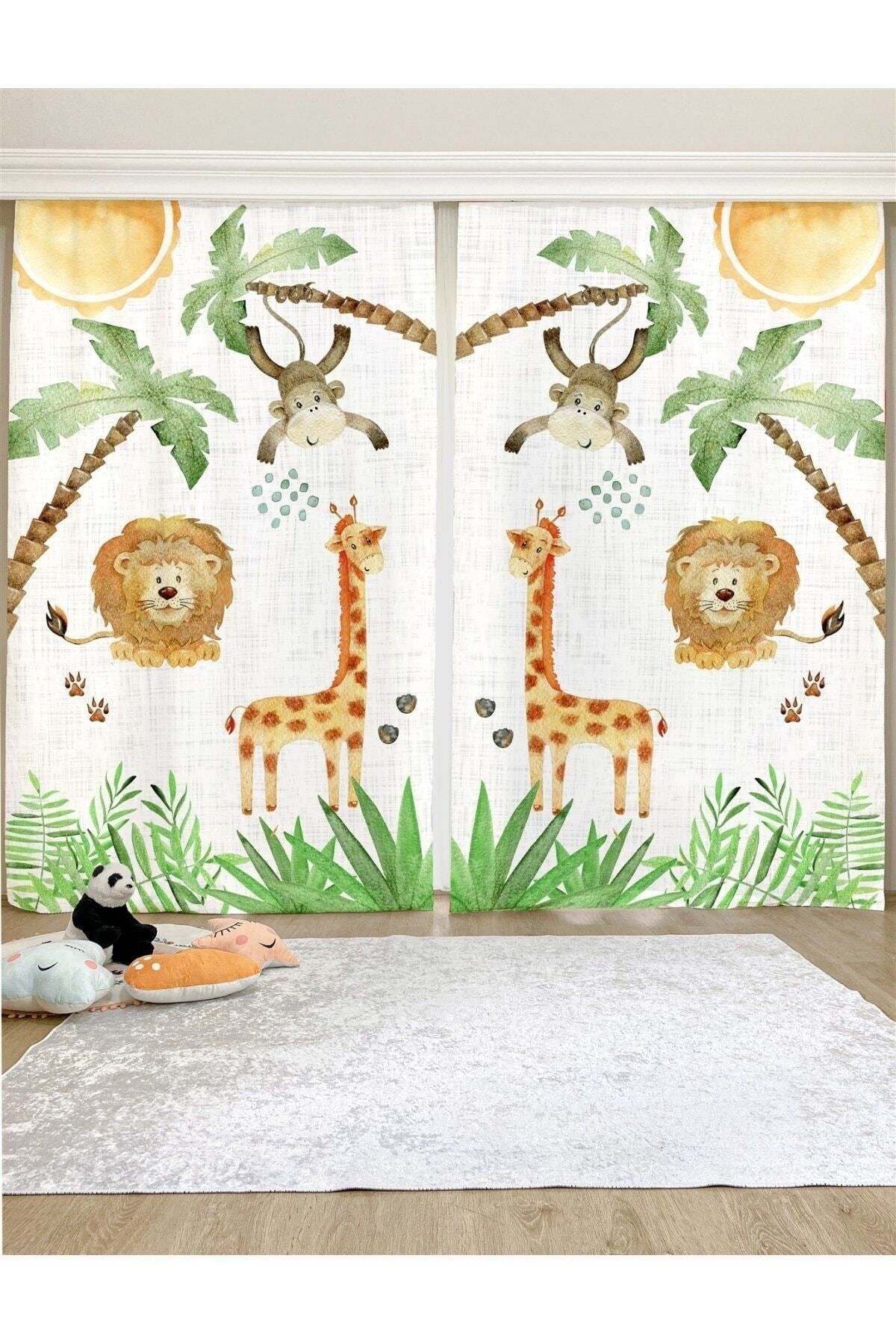ERİZA Kids Çocuk&Bebek Odası Perde Palmiye Safari Desenli Yeşil