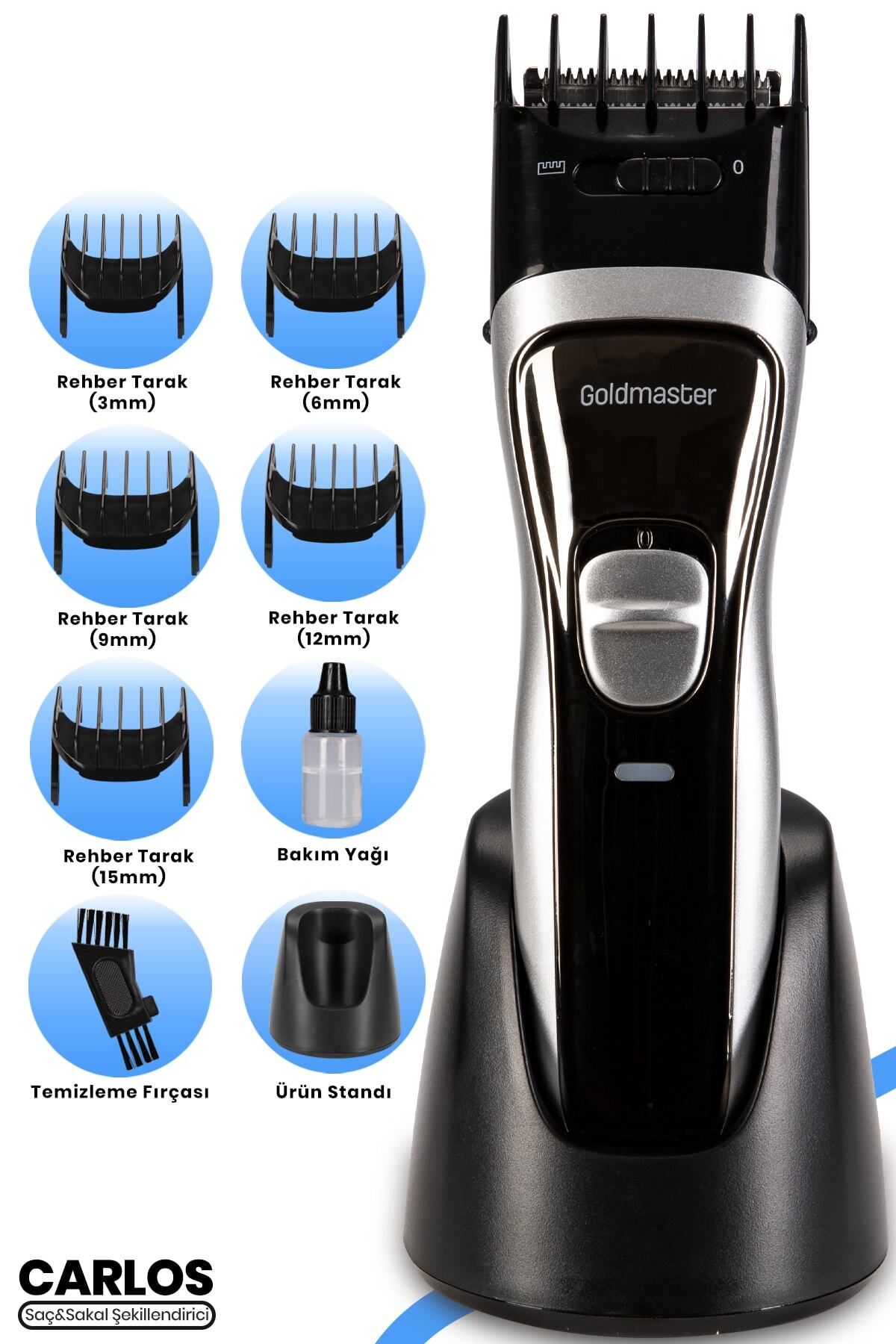 GoldMaster Carlos Şarj Standlı Paslanmaz Çelik Ayarlanabilen Saç Sakal Şekillendirme Makinesi